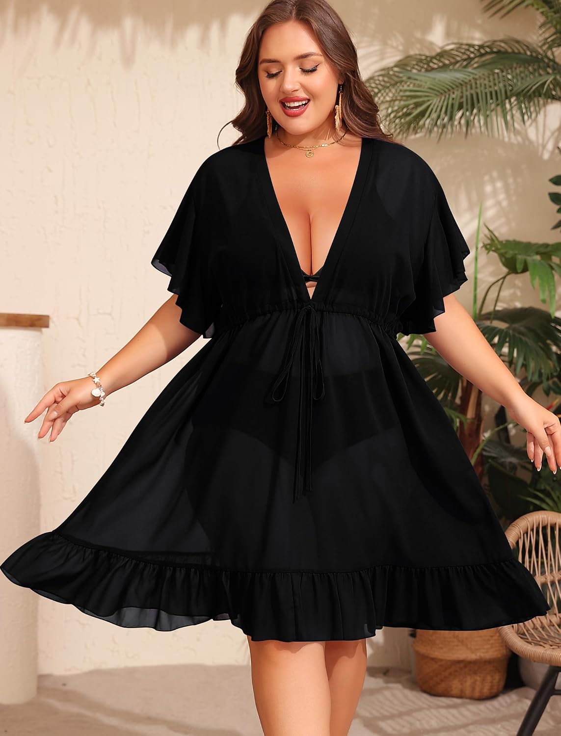 SWOMOG Plus Size Women Swimsuit Cover Up V Neck Short Sleeve Beachwear Bikini Bathing Suit Cover Summer Beach Dress