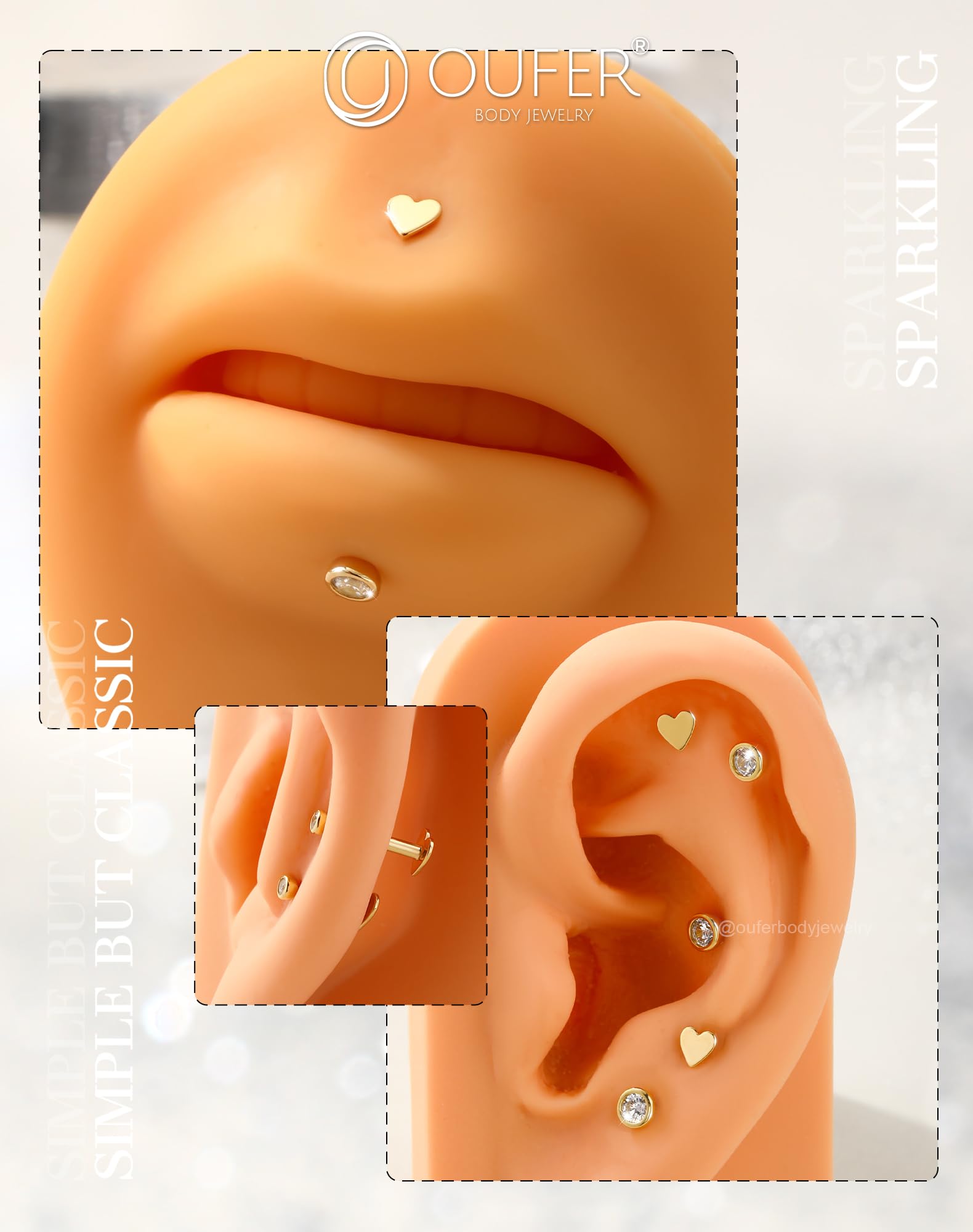 OUFER Body Piercing Threadless 14K Gold Helix Earrings 16G Labret Piercing Jewellery Heart Push in Lip Stud Bar Clear CZ Tragus Conch Piercing Cartilage Earrings