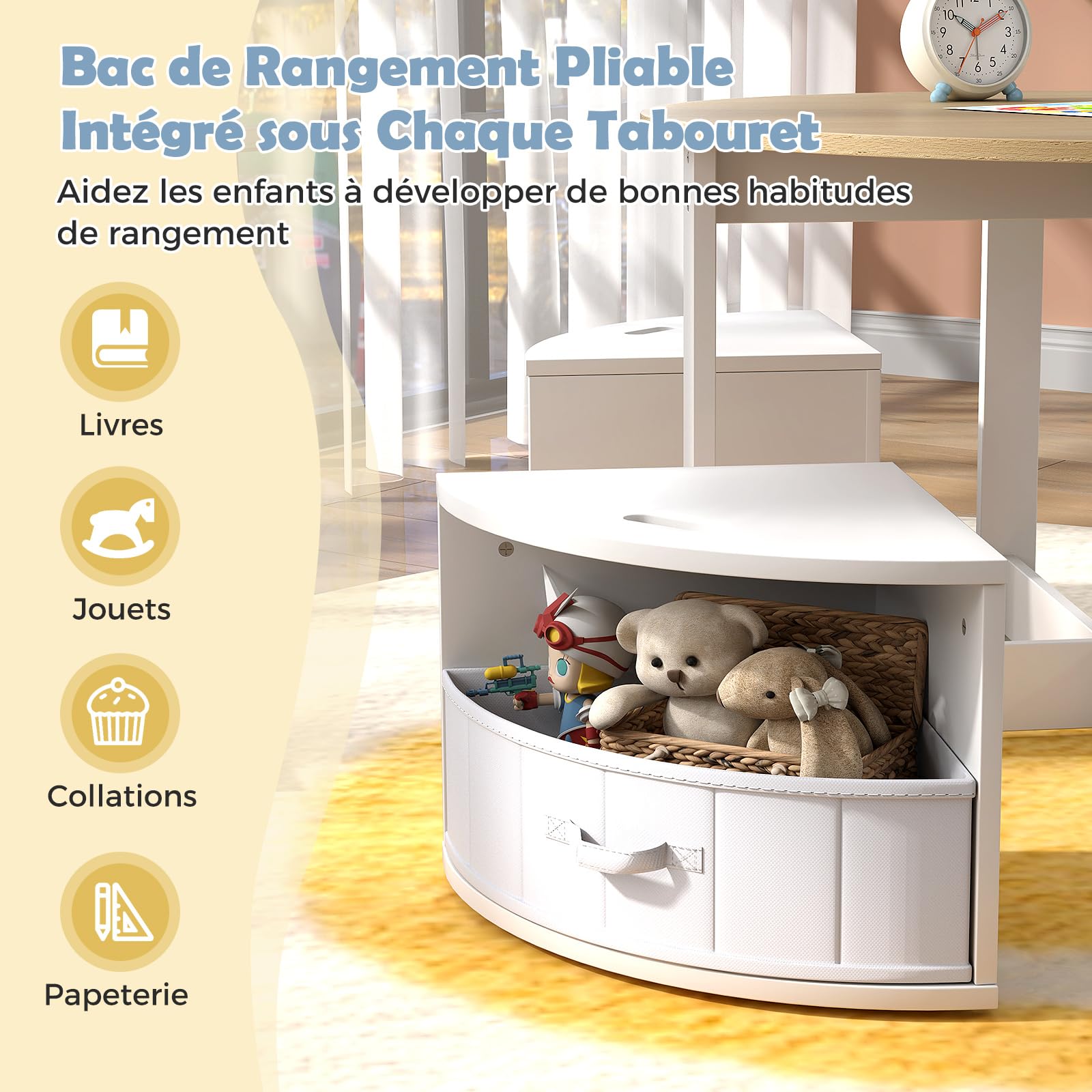 COSTWAY Table Enfant Ronde avec 4 Chaises Empilables, Table d’Activité en Bois avec 4 Tiroirs en Tissu Pliable, Bureau Montessori pour Salle de Jeux Chambre d'enfant, Charge 50/90 pour 3 Ans+