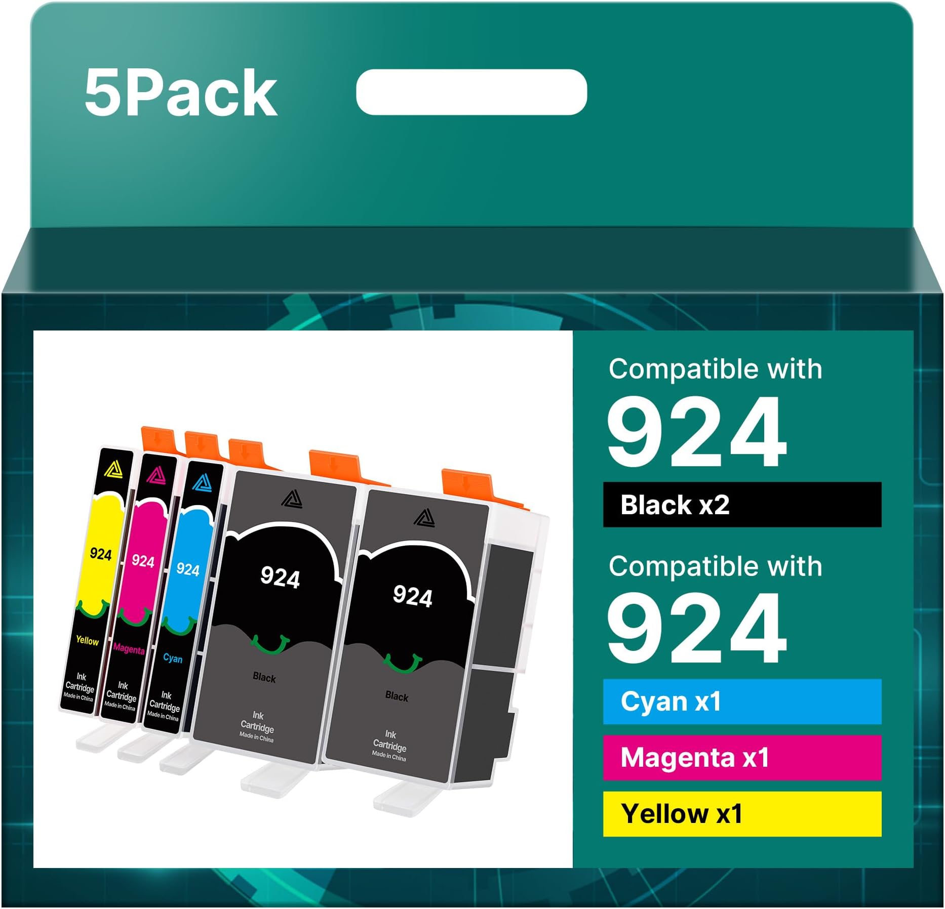 924 Ink Cartridges for HP 924 Ink Cartridge 924 Multipack Compatible with HP OfficeJet Pro 8128 (5-Pack, 2*Black Cyan Magenta Yellow with Chips)