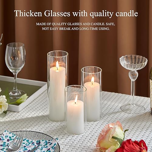 Miniatura 4 de Juego de 6 velas de pilar blancas con soportes de vidrio transparente para huracanes, elegantes jarrones cilíndricos para bodas, fiestas, centros de