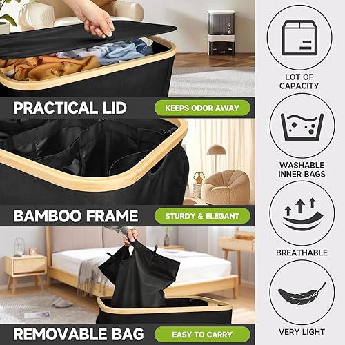 Miniatura 5 de Zomhusea Cesta de lavandería con tapa de 160 L, cesta grande para la ropa sucia, 3 secciones con bolsas de lavandería extraíbles, cesta plegable
