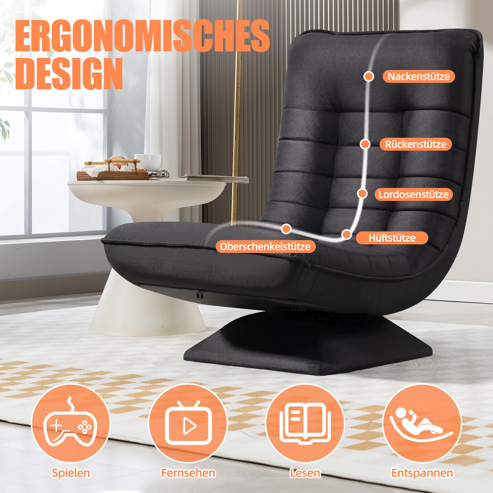 Fauteuil de salon pivotant à 360° en lin noir