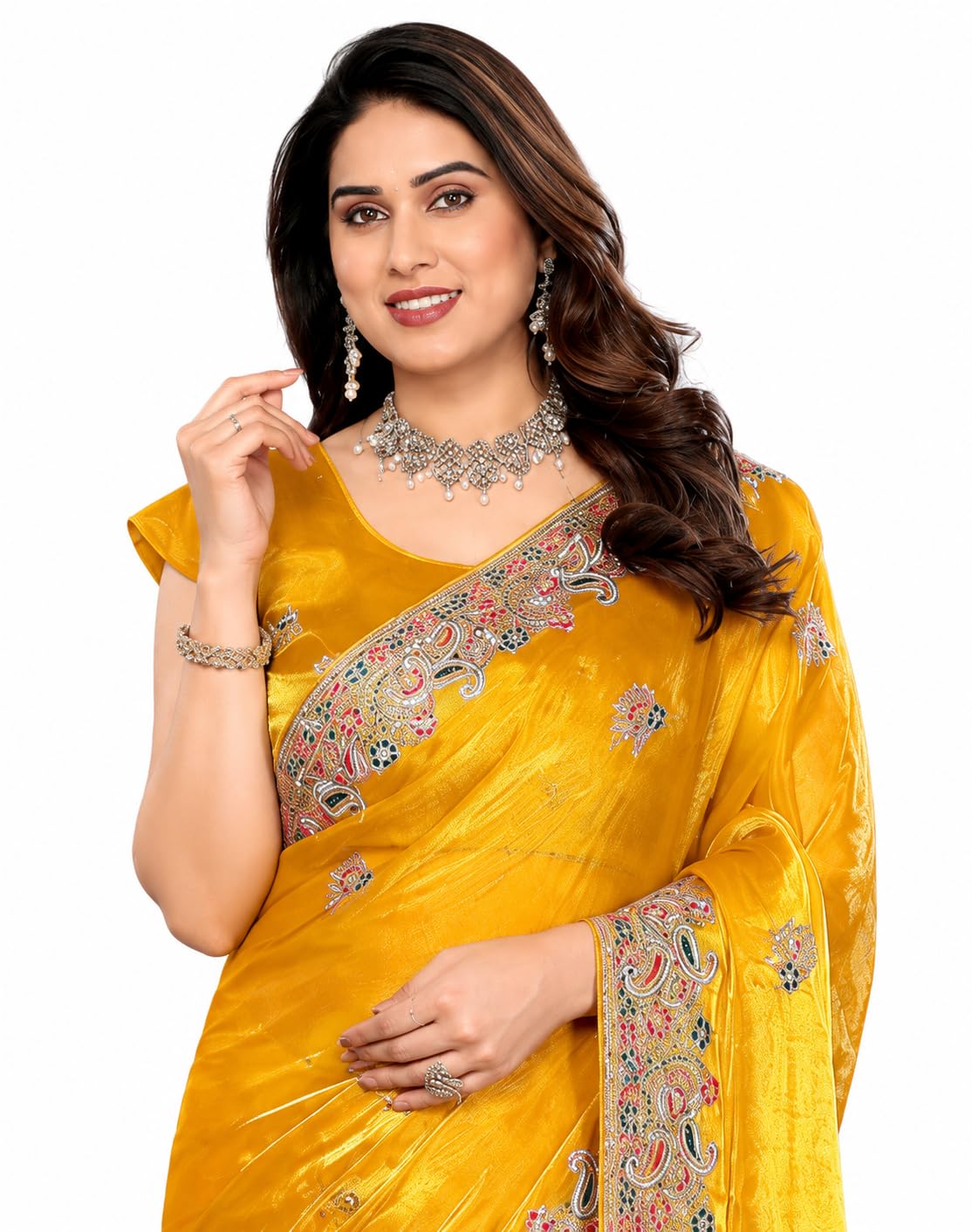 yashika Women's Yellow Organza Saree with Blouse Piece for Traditional Ethinic Wear Sari-(AZ-YS-P3-SUREKHA YELLOW-SS)-picture-19