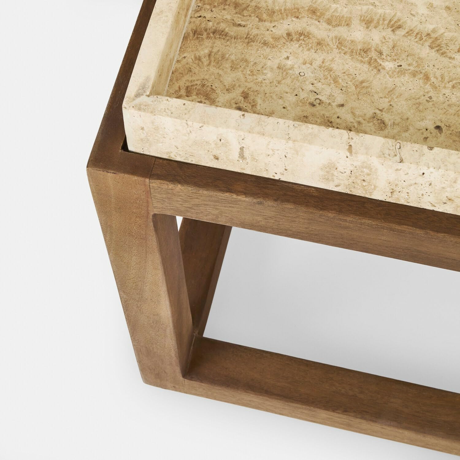 Loberon Edwyn Tavolino da Salotto - Struttura in Legno di Mango dal Design Sobrio - Vassoi in travertino Rimovibili, Marrone/Crema