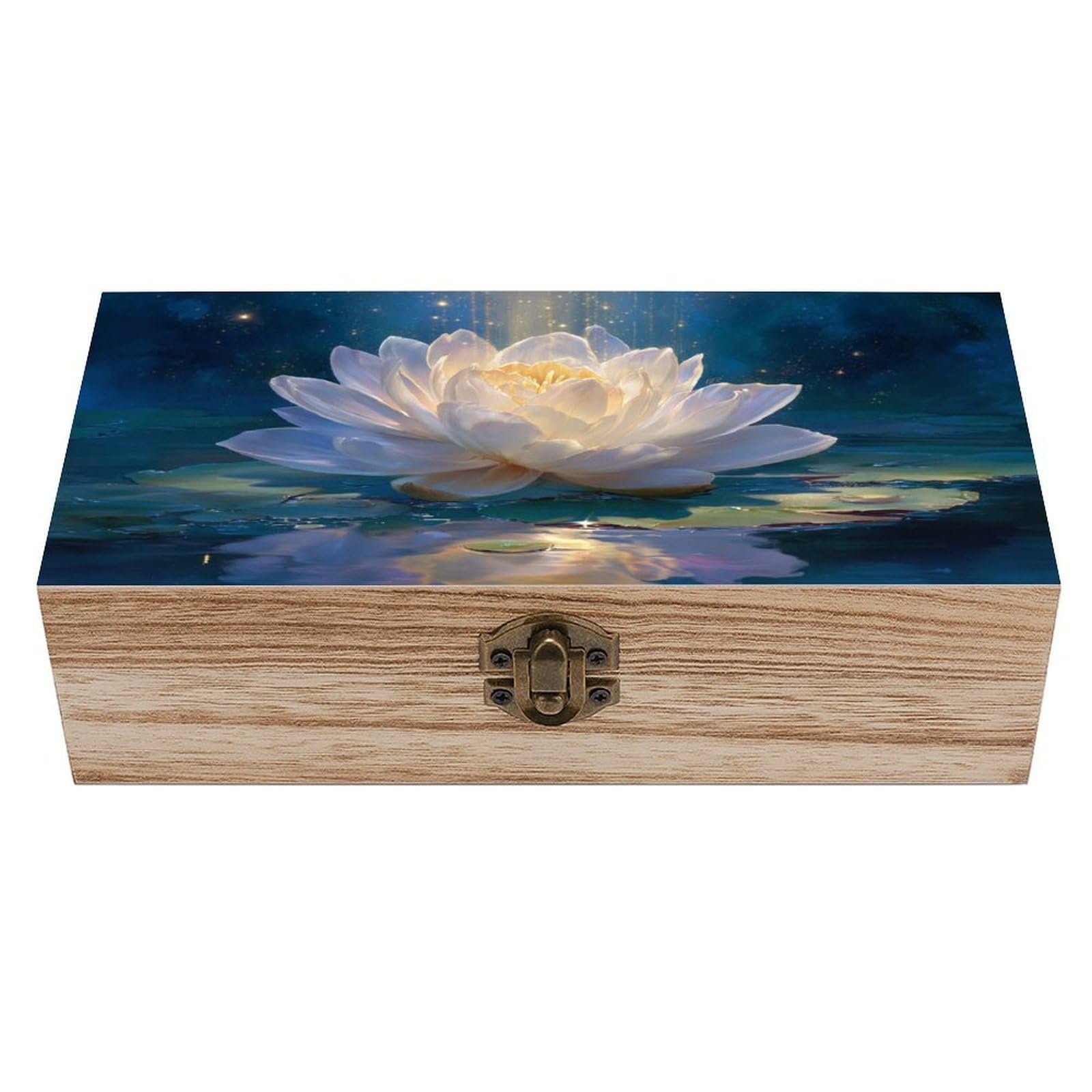 asbwuo Glowing White Lotus Flower Wooden Storage Box with Hinged Lid