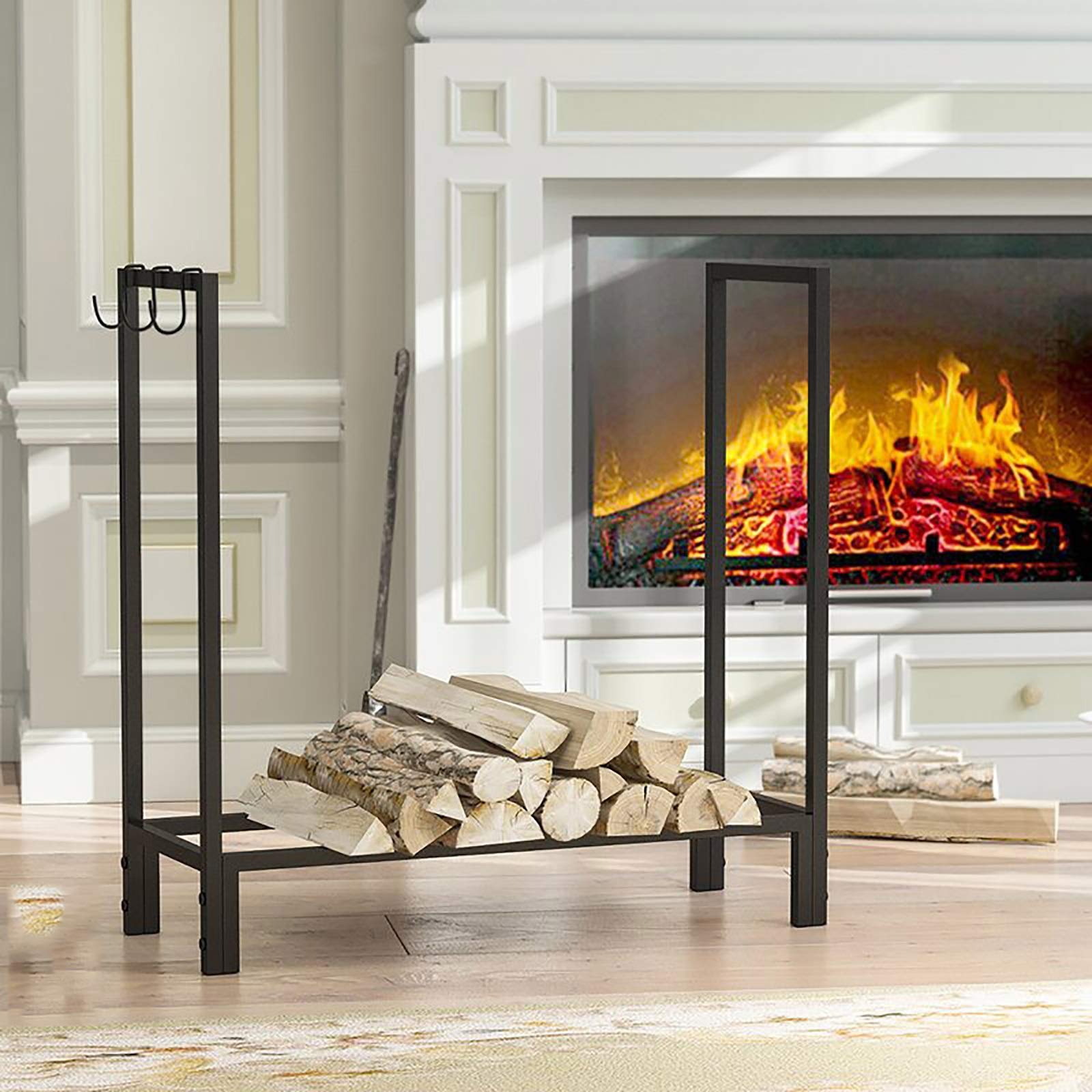 Portalegna da ardere di Grandi Dimensioni per Esterni/Patio/terrazza/Cortile, Supporto per Legna da ardere in Metallo Resistente, Alto 75 cm, con 3 Ganci, Nero,