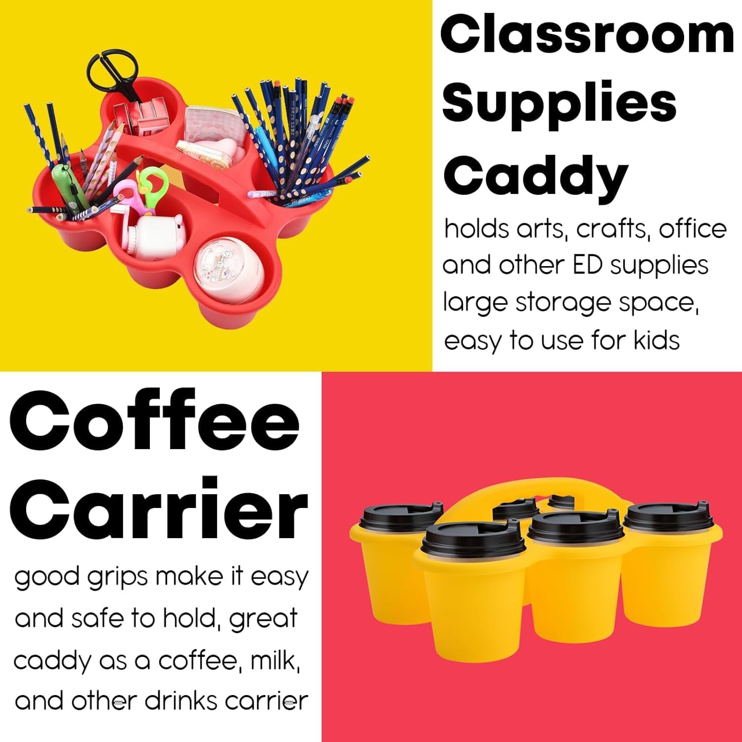 4 Pack Classroom Caddy Storage Basket with Handle, Plastic Drink Cup Caddy Holder, 6 Compartments for Kids, Table, Office, Arts, Crafts, Crayon, Marker, Pencil, School Supplies - Assorted Colors