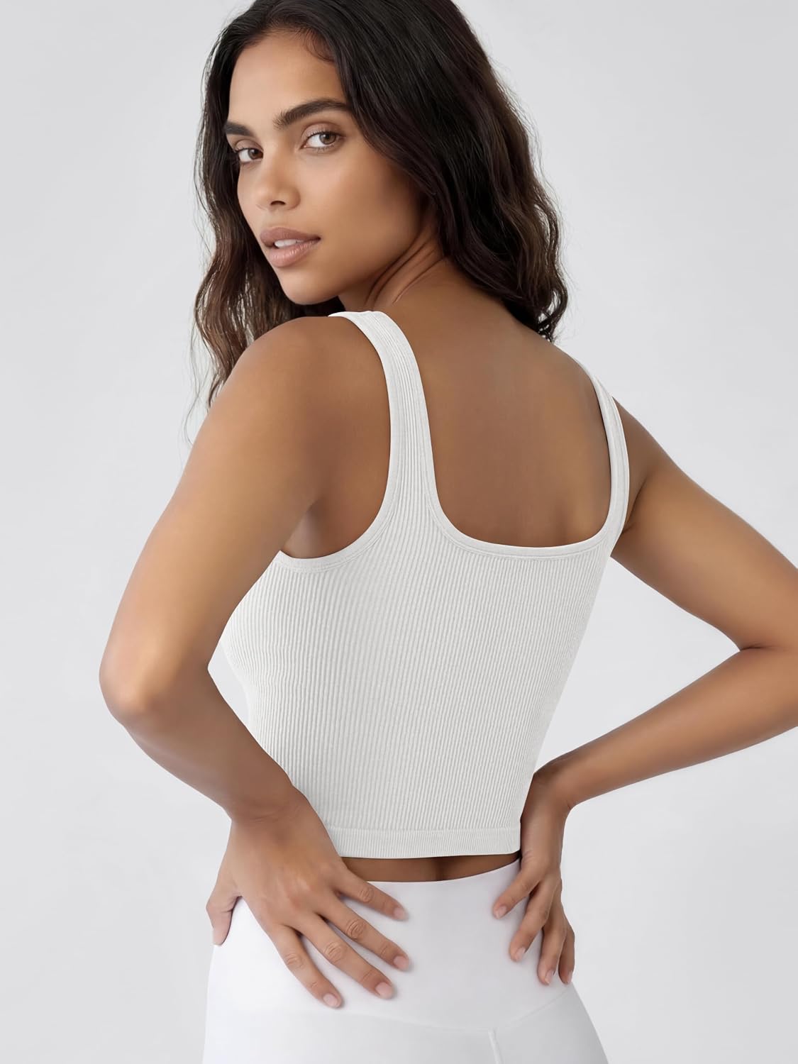 ODODOS 3-Pack Seamless Square Neck Crop Tank for Women Ribbed Knit Soft Low Back Cropped Tops