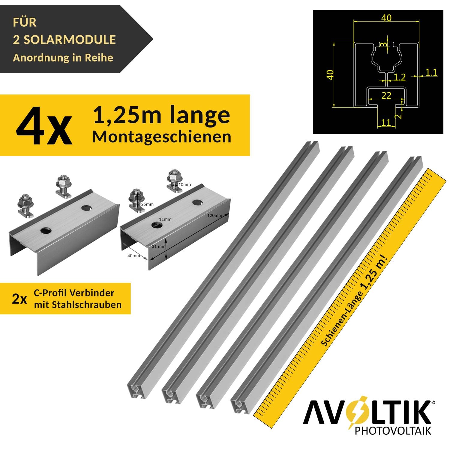 PV Halterung Blechdach Montageset – Balkonkraftwerk – inkl. 200 mm Stockschrauben M10, EPDM-Dichtung, 1,25 m Aluschienen & Modulhalter – für Trapez- & Wellblech