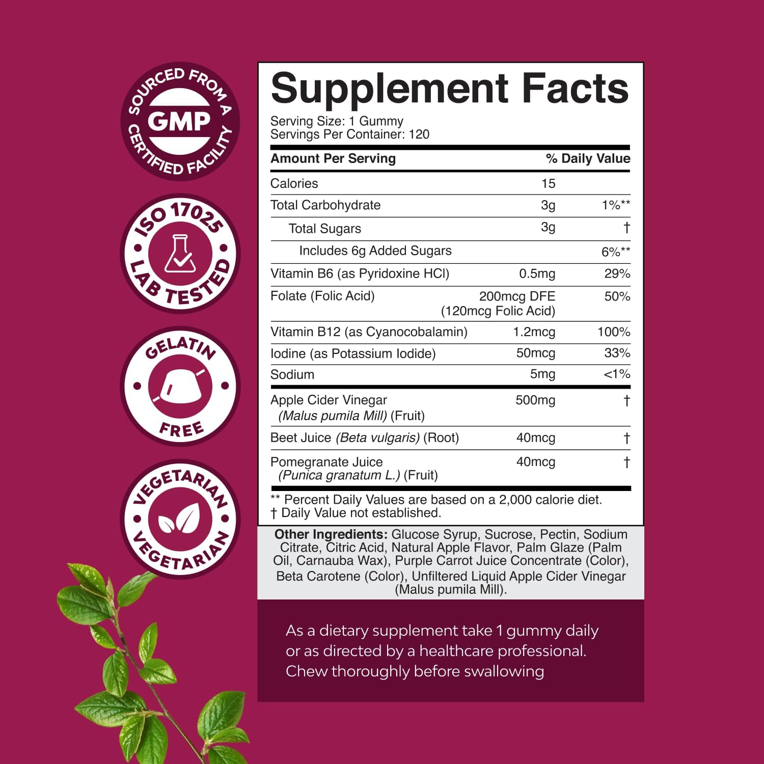 ACV Apple Cider Vinegar Gummies - Natural Energy Supplement ACV with Mother for Body Cleanse Immune Support and Gut Health with Vitamin B12 and Beet Root - 120 Count - Image 3