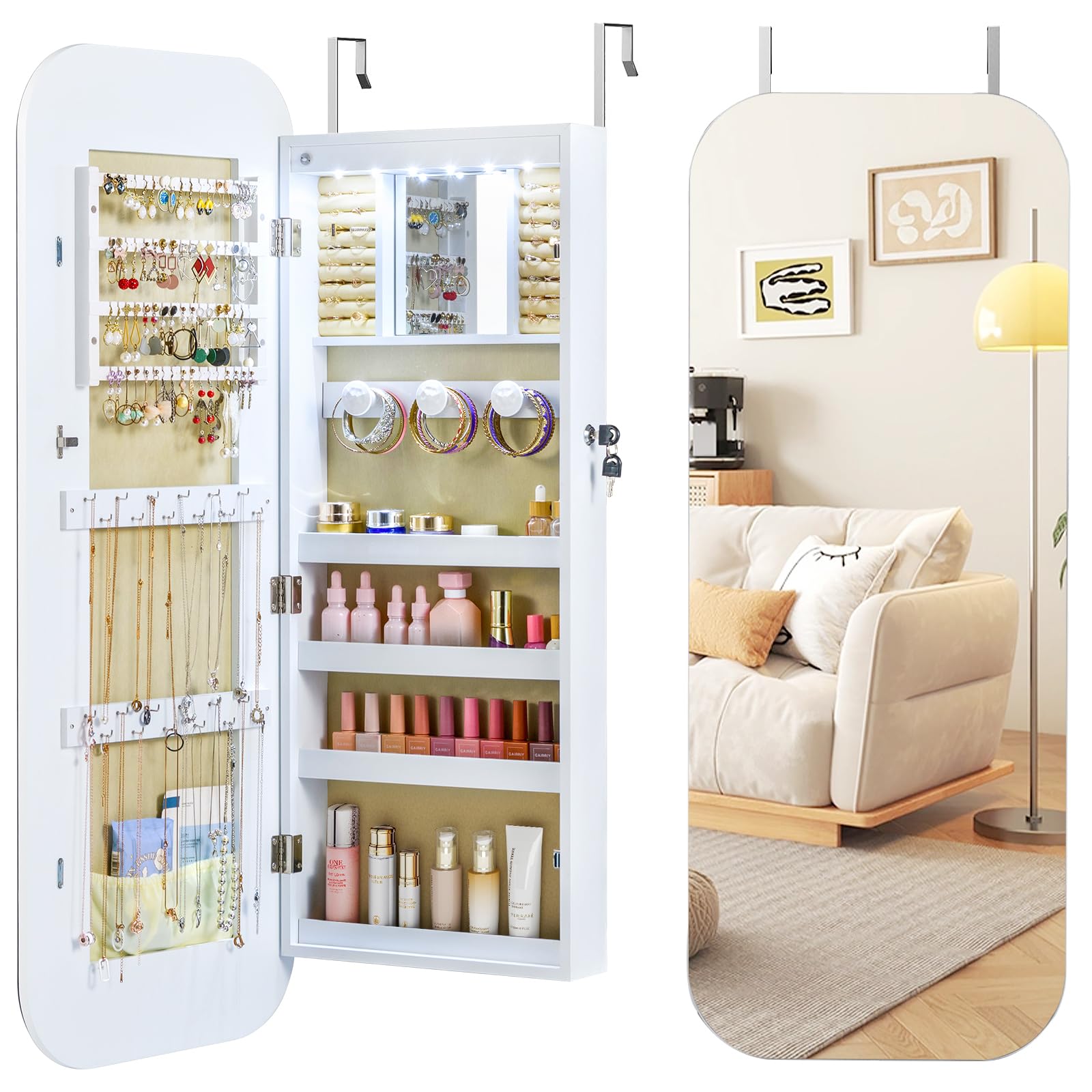 Multigot Mirrored Jewelry Cabinet, Lockable Makeup Storage Organizer