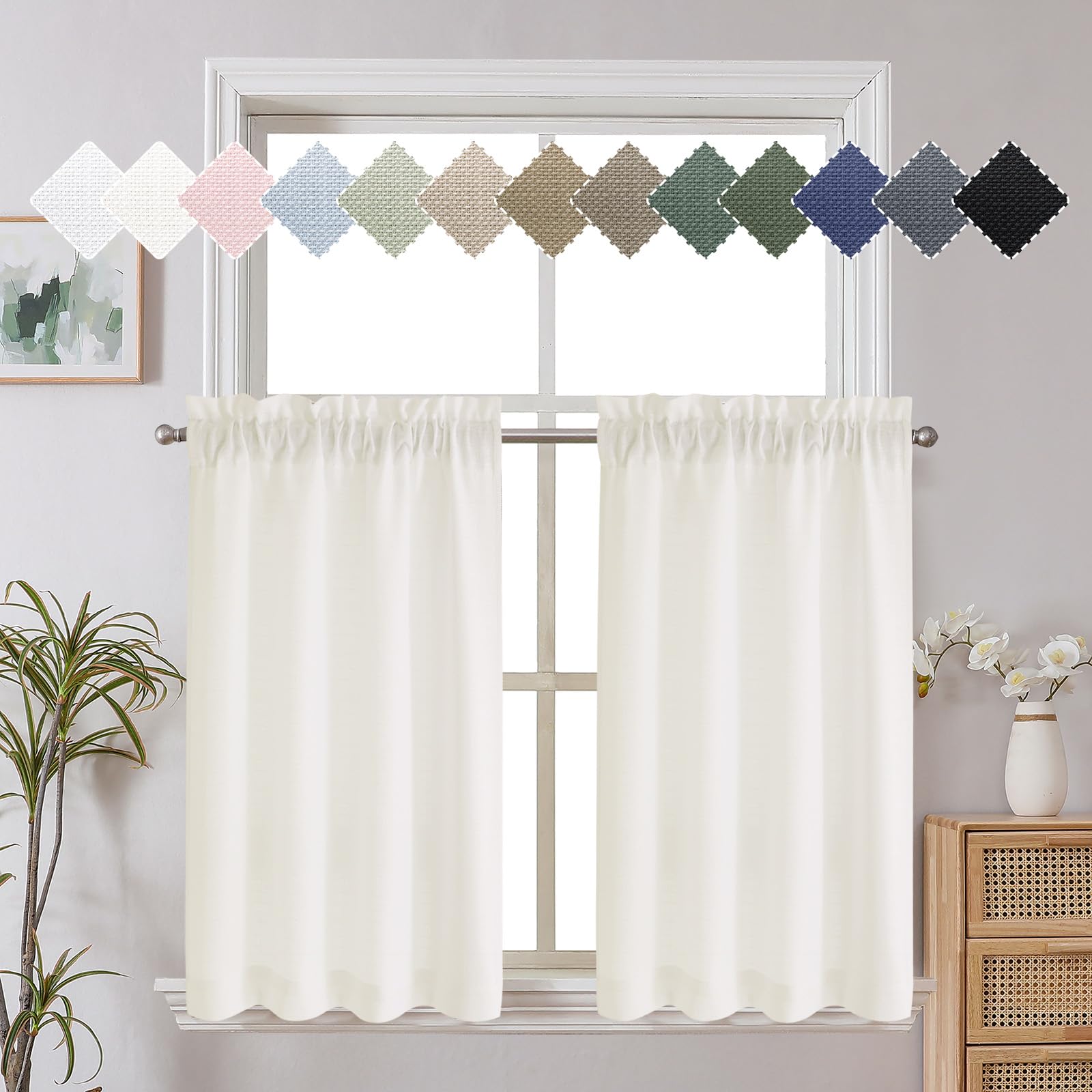 Chyhomenyc Short Curtains 30 Inch Length, Yellowish Faux Linen Textured Small Kitchen Curtain, Light Filtering Half Window Curtains for Bathroom Basement, Each 30x30 Inch, 2PCS, Cream（prev. Ivory）