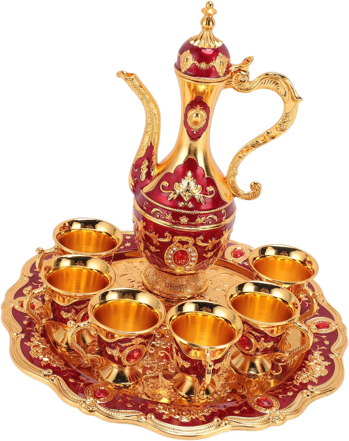 Vintage Coffee Pot Set, European Wine Pot Kit with 6 Cups, Zinc Alloy Teapot Tea Service Set for Wedding Birthday Gift, Elegant Metal Beverage Server for Coffee Tea Wine (Gold Red)