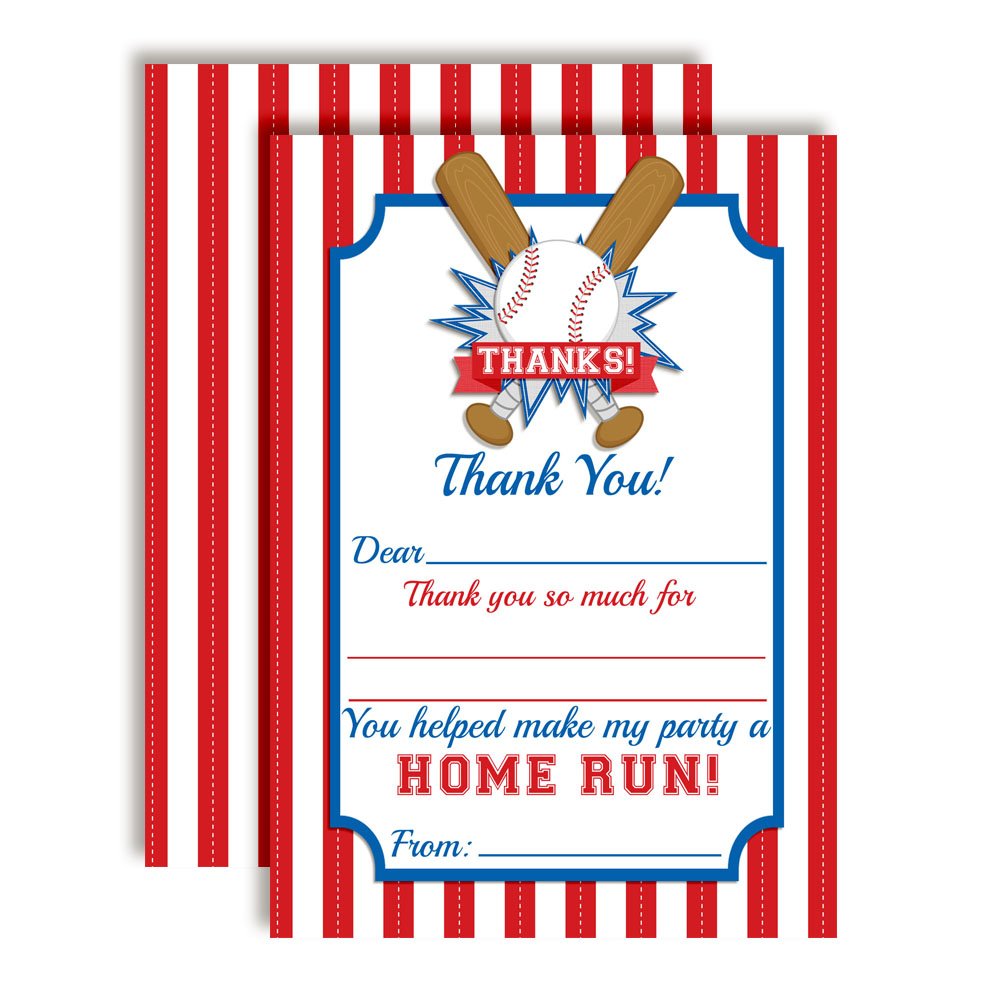 Baseball Home Run Themed Thank You Notes for Kids, Ten 4" x 5.5" Fill In the Blank Cards with 10 White Envelopes by AmandaCreation