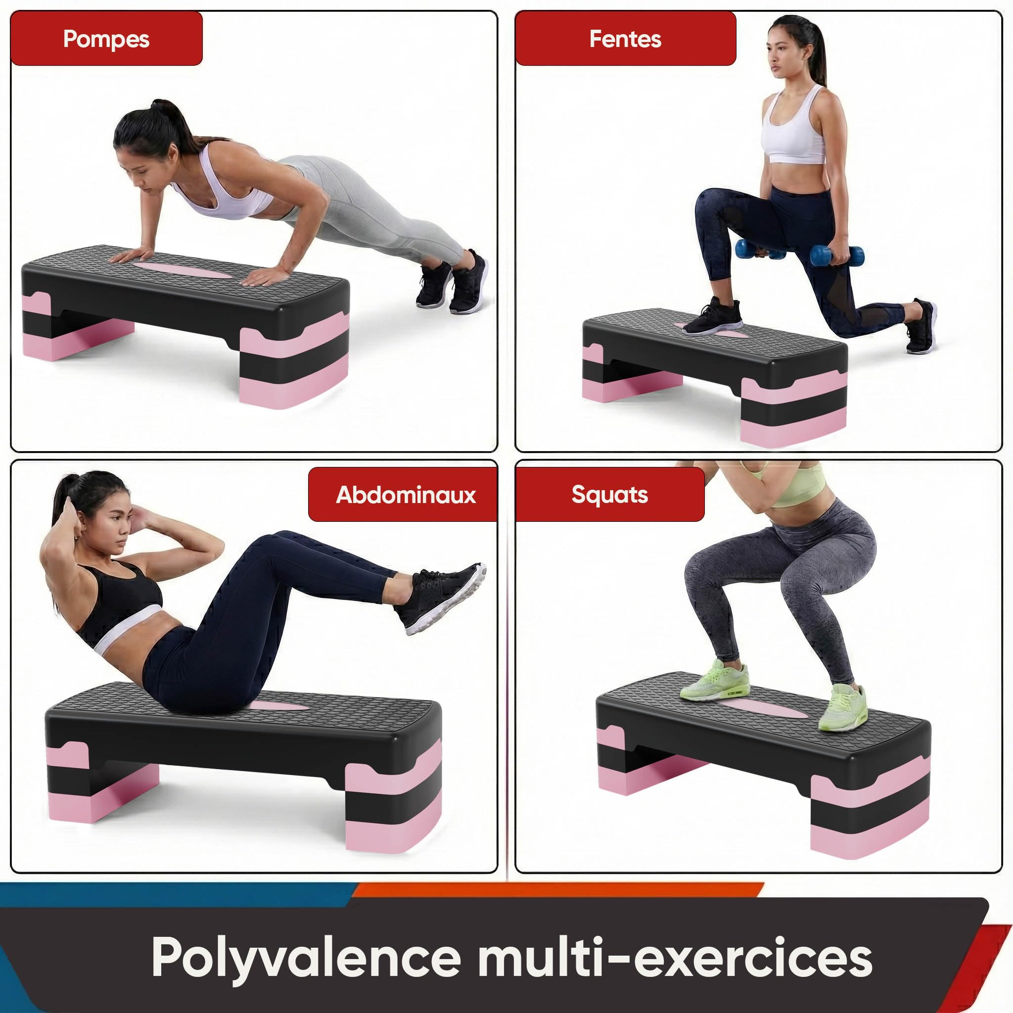 Ultrasport Step Aérobic I Antidérapant, Réglable sur 3 Niveaux I Stepper Fitness Appartement, Stepboard, Sport Stepbench 68 x 28 cm, Rose
