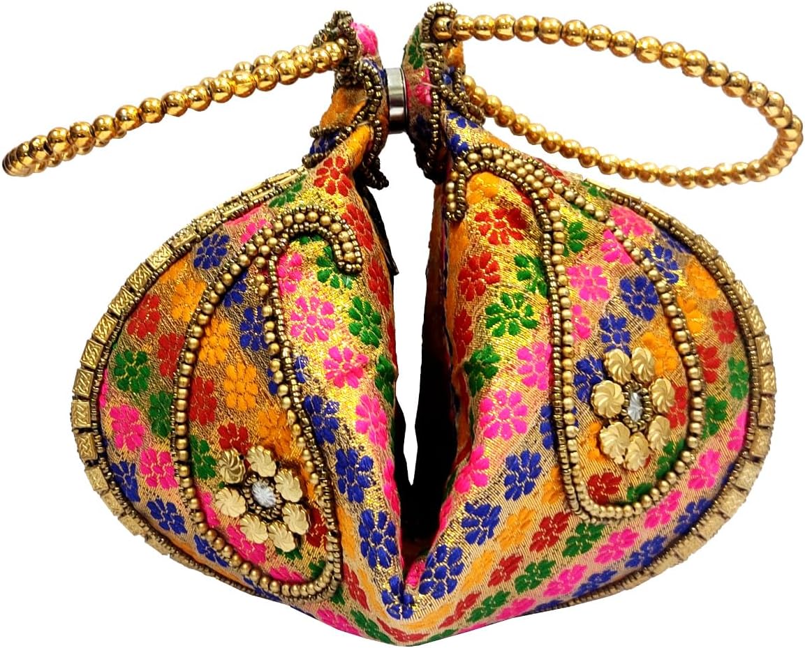 Purpledip Silk Clutch Purse In Pyramid Design: Ladies Handbag Potli With Sequin Embroidery, Multicolor (12531C)