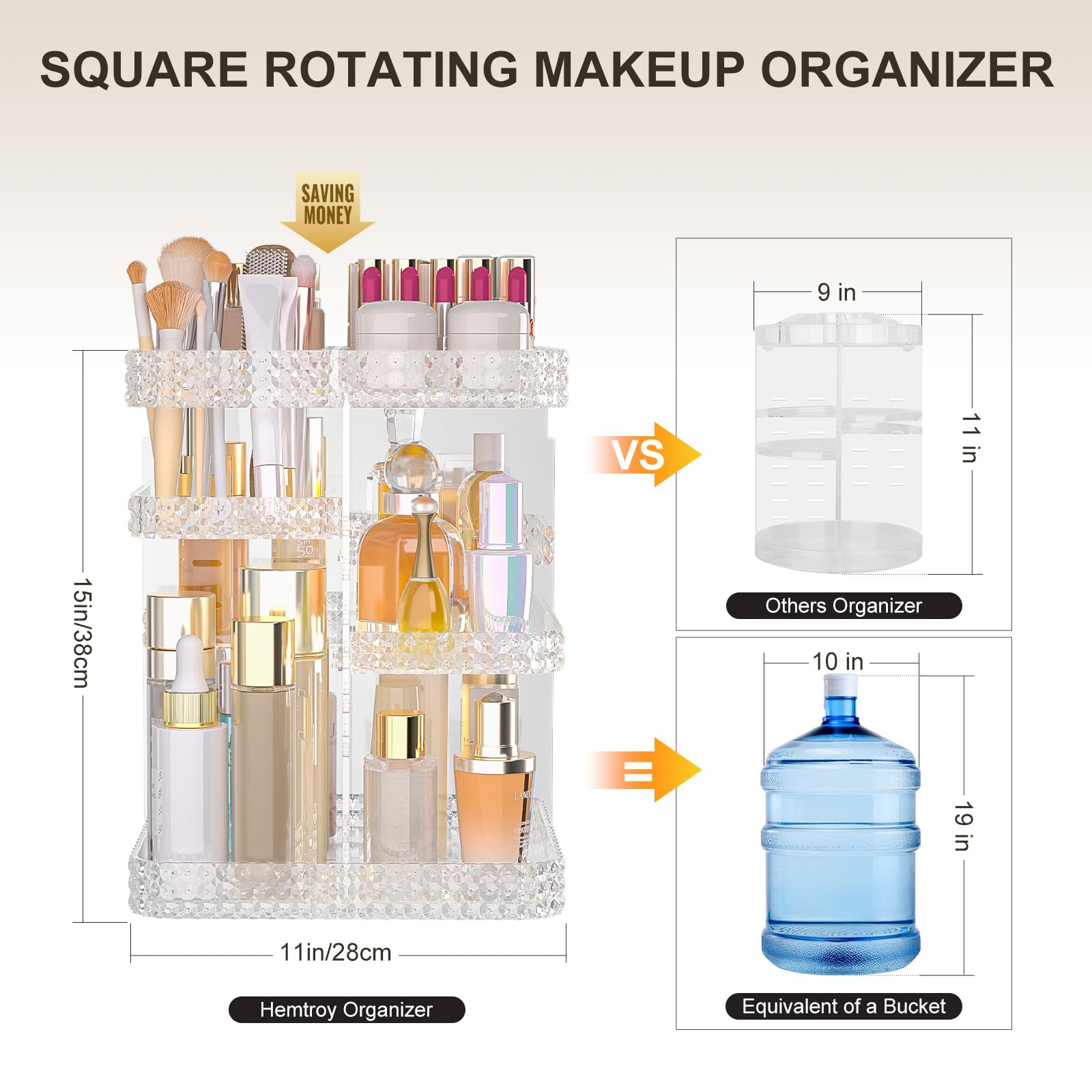 HEMTROY Rotating Makeup Organizer with Makeup Brush Holder, Large Capacity Perfume Organizer for Vanity Countertop, Acrylic Skincare Organizers Spinning Holder Storage Rack (Clear)