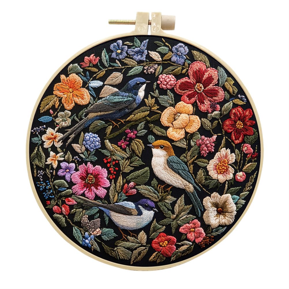 Meecaa Embroidery Kit Starter Set, Bird Flower Animal Hand Embroidery Set, Pattern Printed Cross Stitch Set for Beginner Adults, with Embroidery Hoop and Instructions (Bird 1)