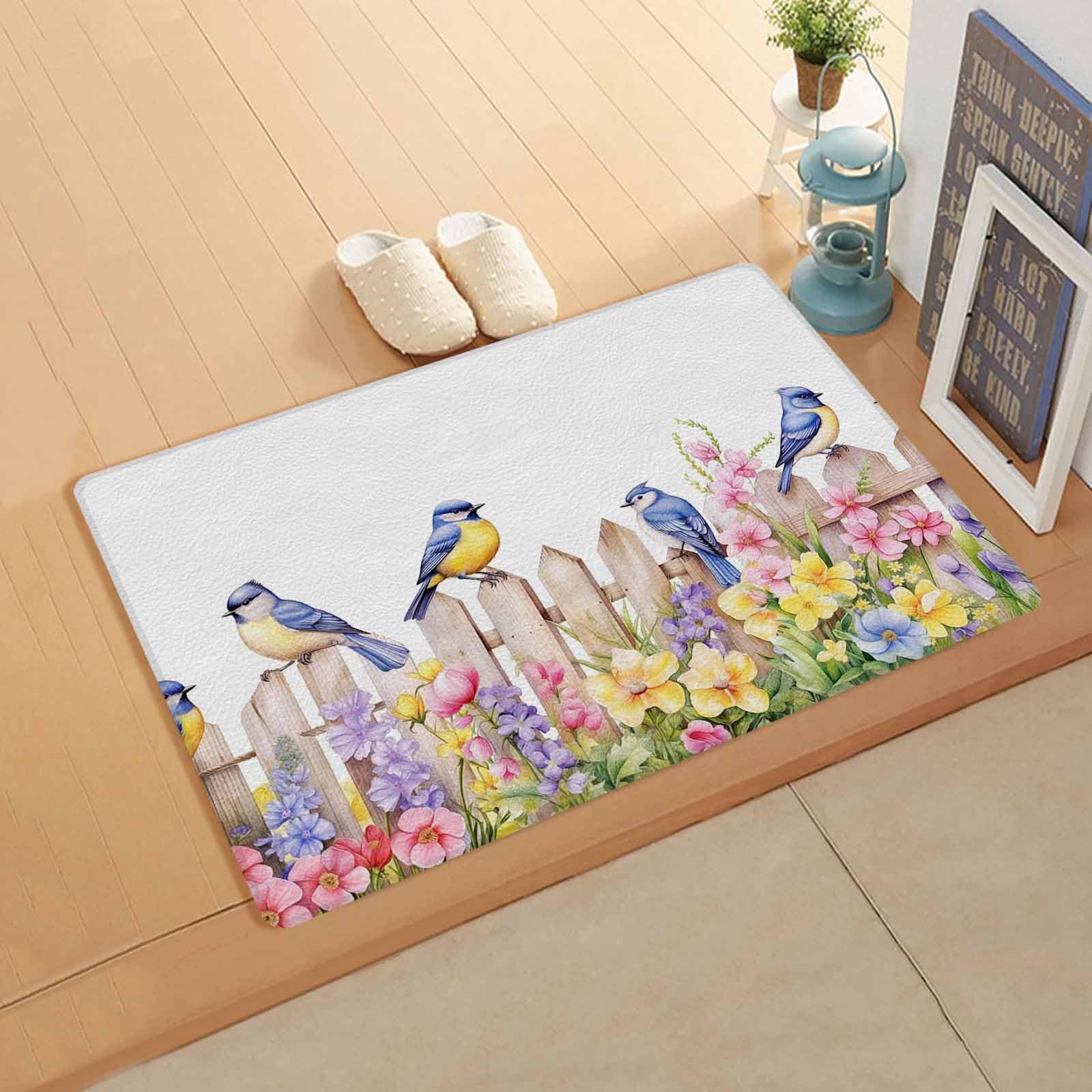 Garden Flower Bird Antifatigue Kitchen Bath Door Mat Cushioned Runner Rug,Washable Welcome Floor Sink Mat,Waterproof & Non-Slip Kitchen Standing Doormat,Colorful Floral Watercolor Simple White 24