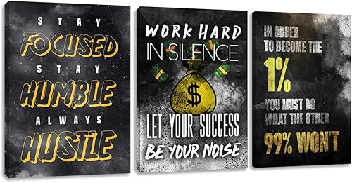Arte moderno de pared con citas motivacionales de éxito, arte de pared negro de 3 piezas, arte inspirador de ajetreo de empresario, impresiones de