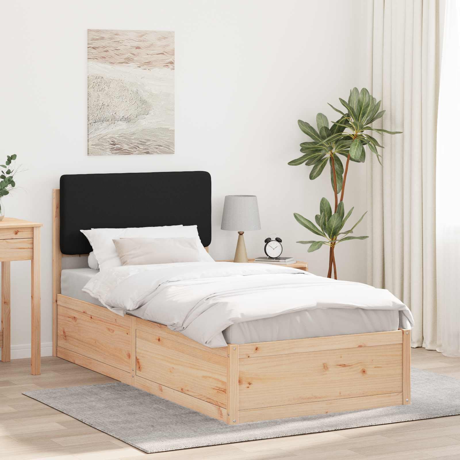 Hothingwell Rama łóżka z litego drewna sosnowego czarna 90x200 cm | Wyściełany zagłówek, zdejmowany pokrowiec nadający się do prania, listwy w zestawie, łatwy montaż