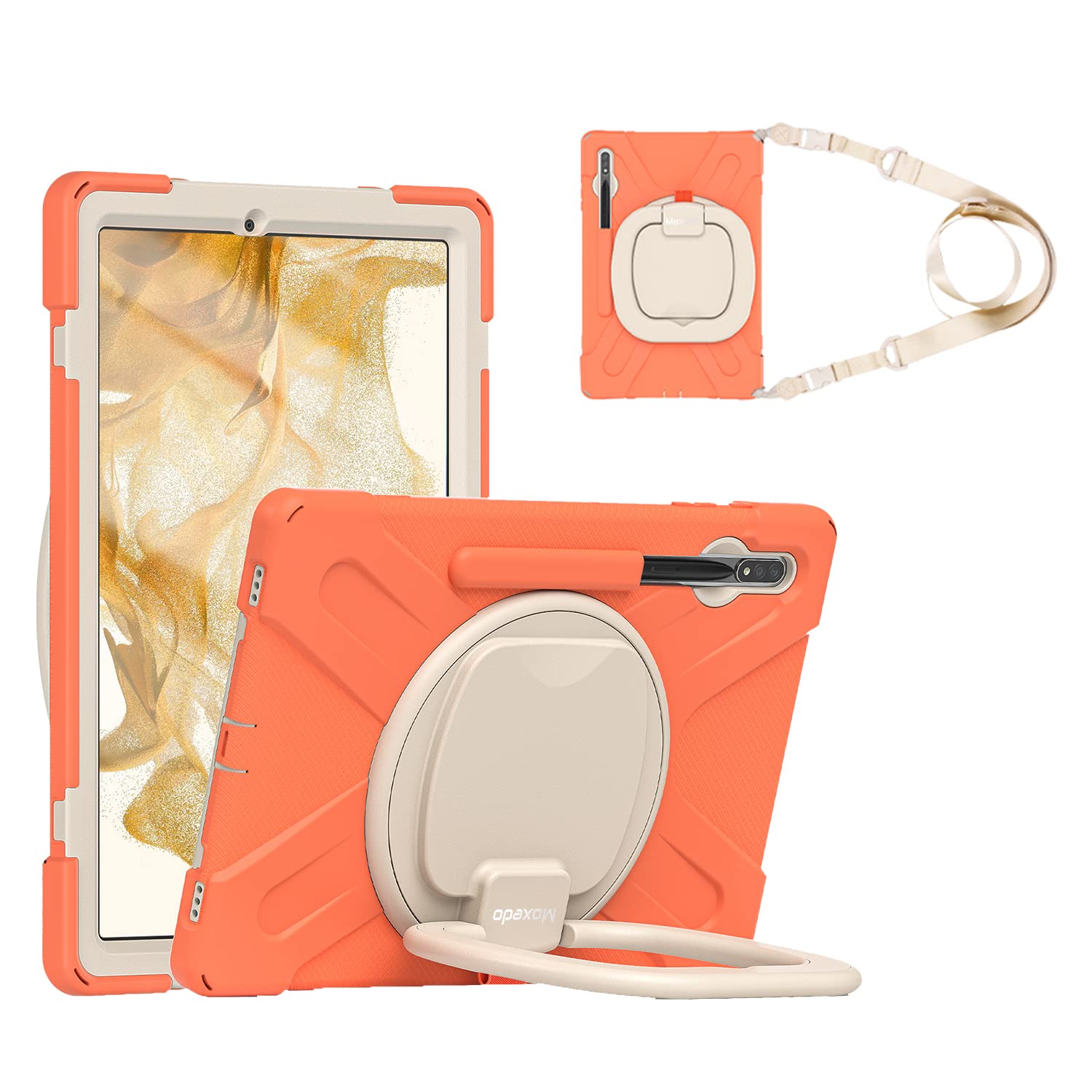 Moxedo Shockproof Rugged Colorful Case with 360 Rotating Kickstand and Shoulder Strap Compatible for Samsung Galaxy Tab S7 Plus 12.4-inch 2020 / S8 Plus 2022 (T730/T970/X800) (Living Coral)