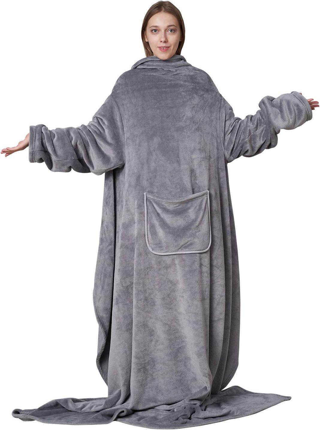 EHEYCIGA TV Blanket with Sleeves and Pocket, Soft Fleece Wearable Blanket for Adult, 67x78 Inches, Grey
