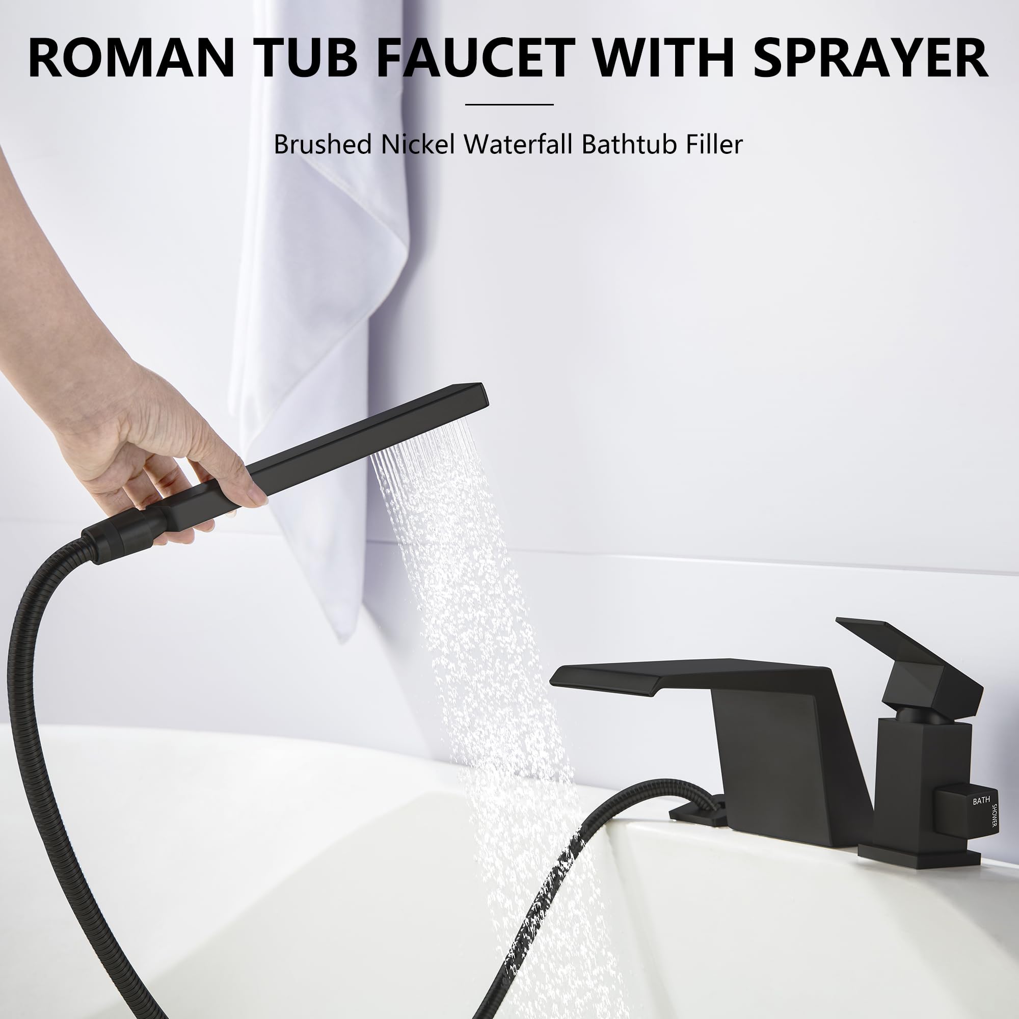 LIWEIKE 3 Loch Badewannenarmatur, Wasserfall Badewannenarmatur Matt schwarz Römische Badewanne Wasserhahn mit Handbrause