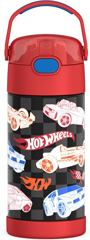 THERMOS FUNTAINER Botella de agua con pajita, 12 oz, Hot Wheels | Botella de agua aislada de acero inoxidable para niños, mantiene las bebidas frías por más tiempo para la escuela y el juego, sin BPA