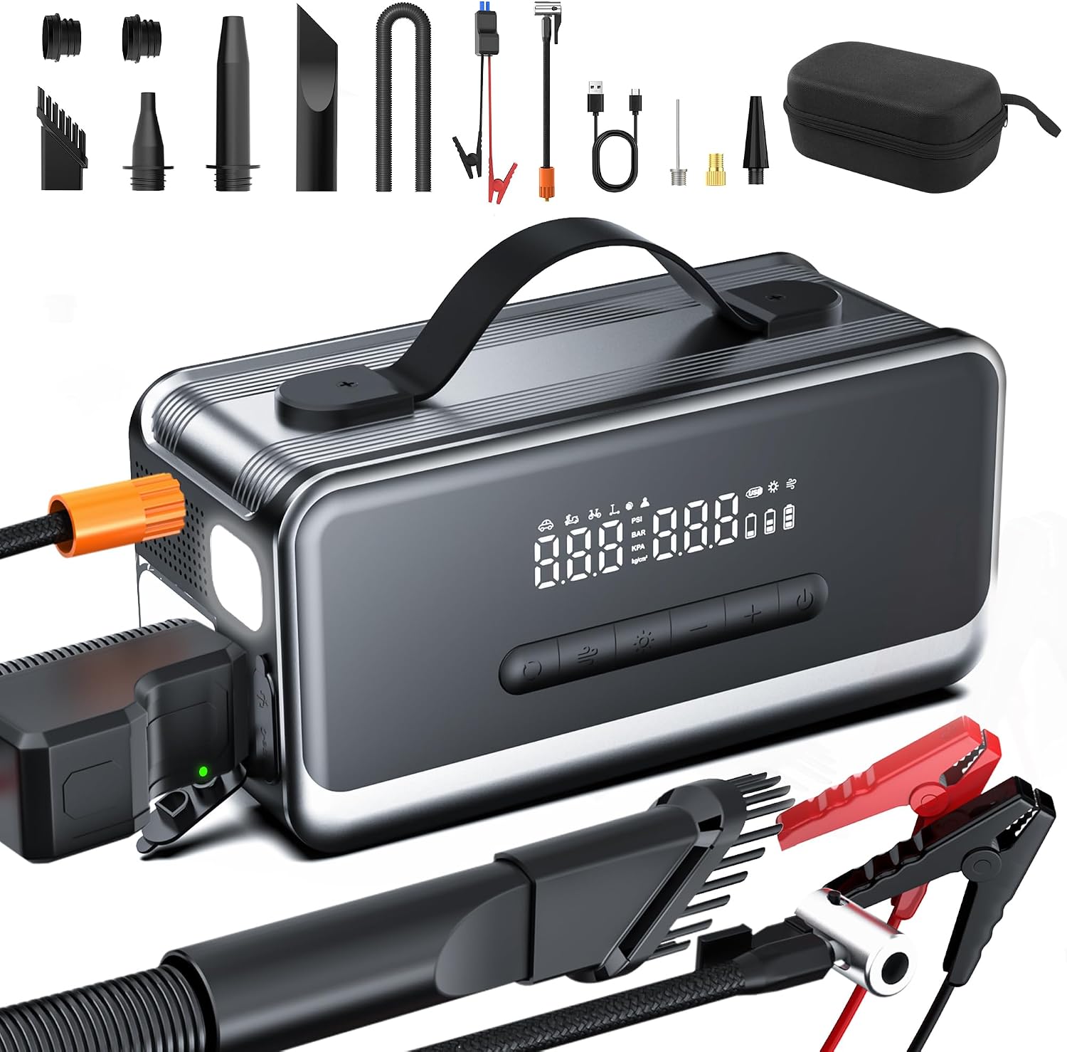 Tire Inflator Portable Air Compressor with Jump Starter, Cordless Air Pump with Vacuum Cleaner and Blower Functions, Faster Inflation, Auto Shut-Off, LED Light for Car, Bike, Motorcycle and Balls