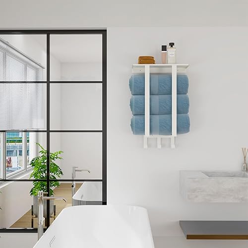 Miniatura 6 de Toalleros para baño en color blanco, toallero de baño con estante y 3 ganchos montado en la pared, estante de almacenamiento de toallas para baño