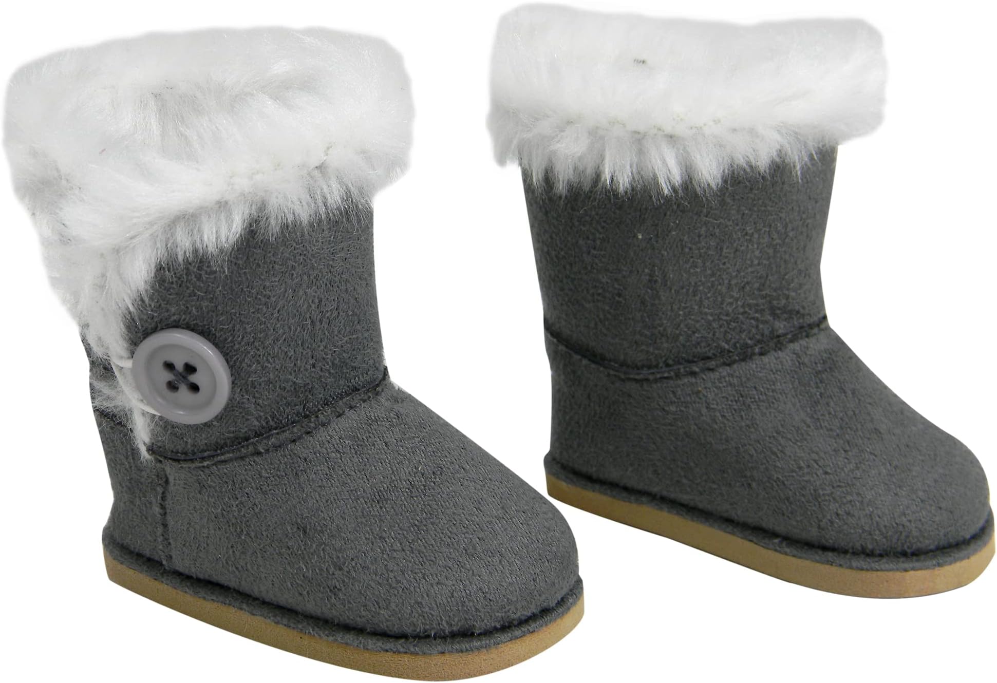 Stylish 18 Inch Doll Boots. Fits 18" American Girl Dolls & More! Doll Shoes of Gray Suede Style Boots W/ Button & White Fur.