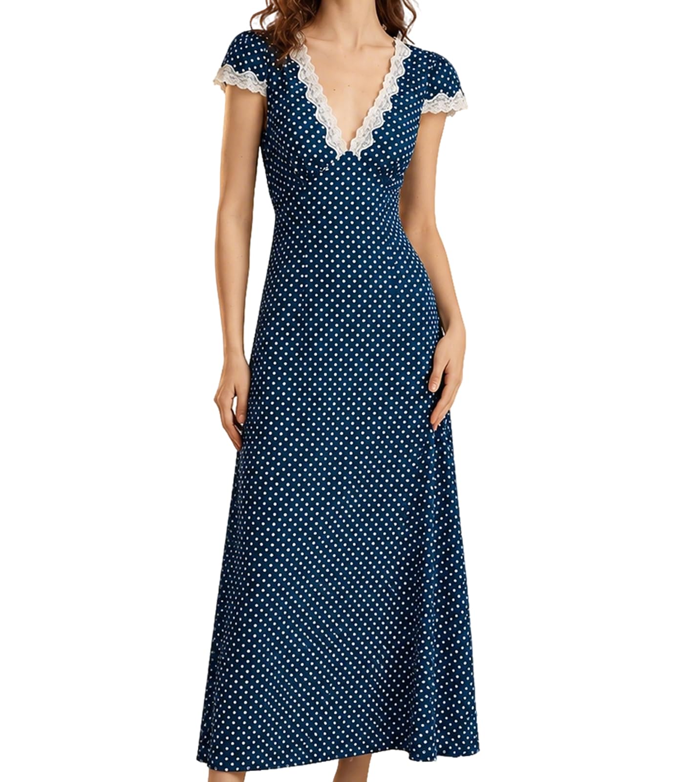 Women Summer Dresses Deep V Neck Polka Dot Prined Splice Lace Dress Elegant for Party