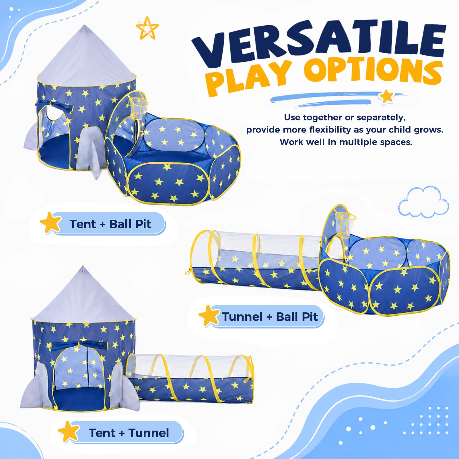 SISTICKER Tenda da gioco per bambini con tunnel: tenda a tunnel pop-up 3 in 1 con vasca per palloni per bambini, custodia inclusa (senza palline)