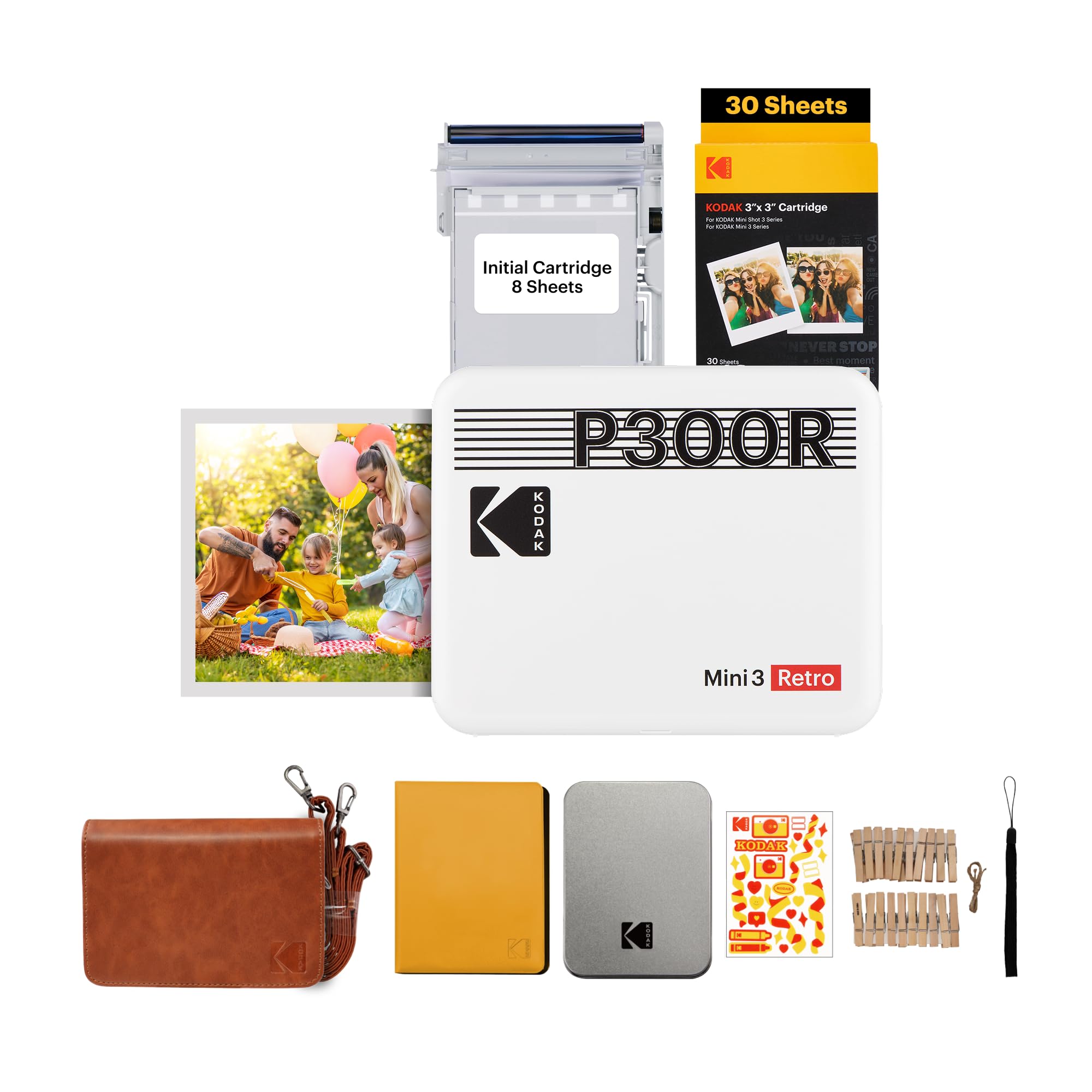 KODAK Mini 3 Retro 4PASS Portable Photo Printer (3x3 inches) Initial 8 Sheets + 30 Sheets + Gift Bundle, White