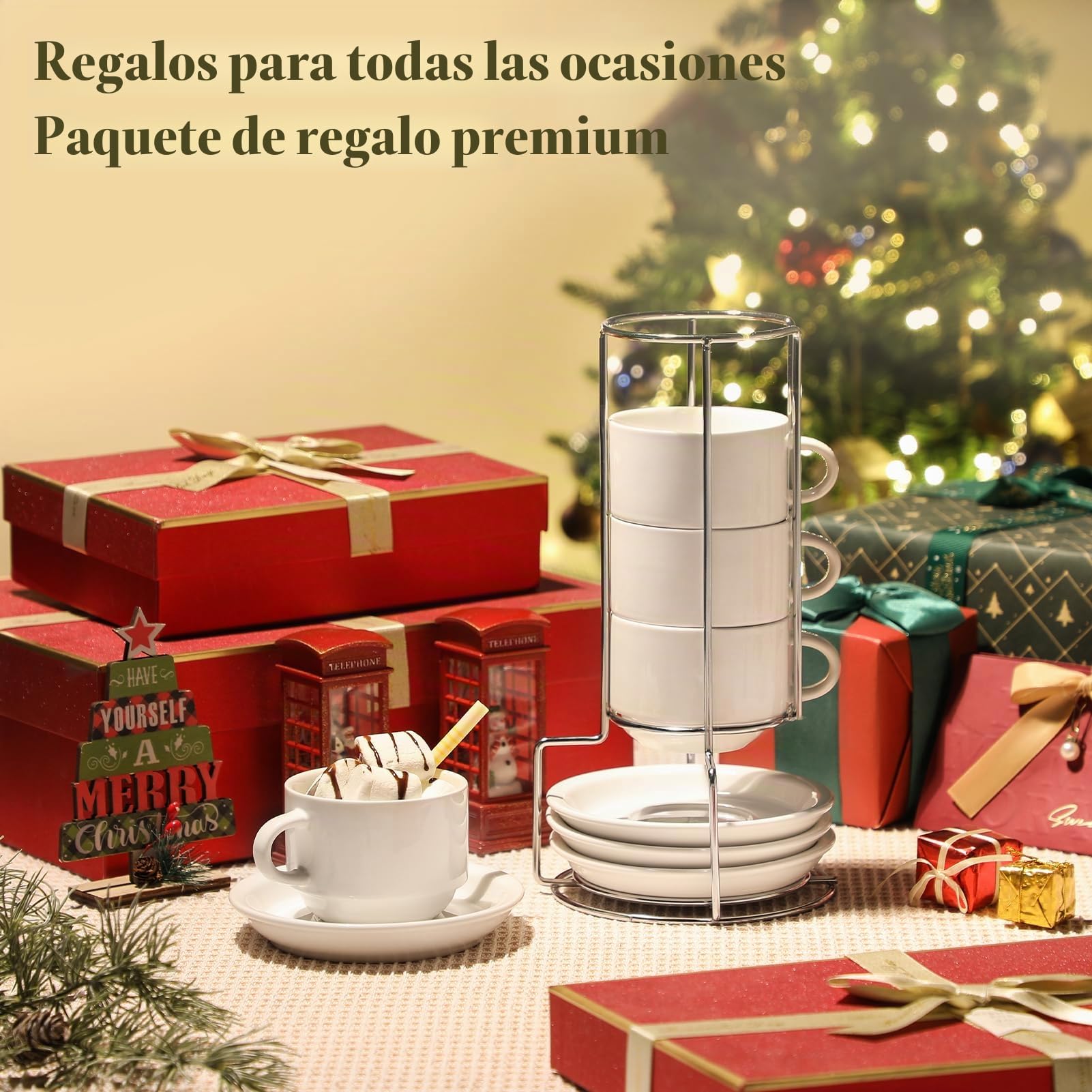 MALACASA Serie REGULAR, Juego de 4 Tazas de Café para 4 Personas, 270 ml, Servicio de Café Apilable con Platillo y Soporte Metálico, Ideal para Espresso, Capuchino, Latte, Moka y Té, Color Blanco
