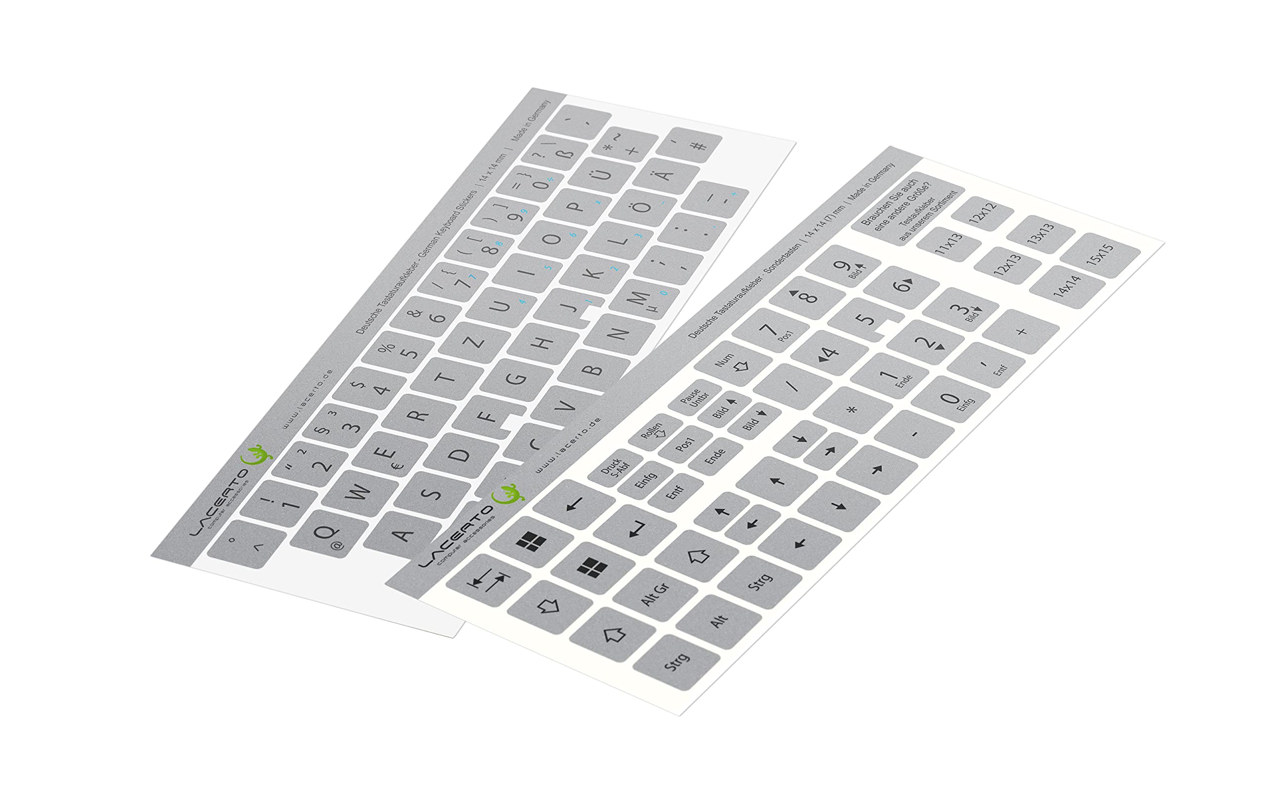 Lacerto Set Adesivi Per Tastiera Tedesca QWERTZ – 15x15 Mm, Lettere E Tastierino Numerico, Argento, Antigraffio, Prodotto In Germania