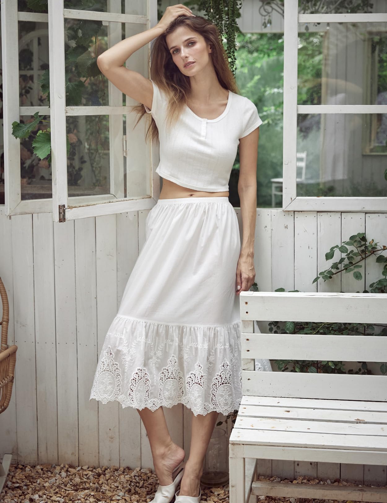 BEAUTELICATE Femme Jupon en Pur Coton sous Jupe sous Robe avec Dentelle Volants Ajourée Fond De Jupe Léger Frais De Été Printemps Midi Longue Blanc cassé