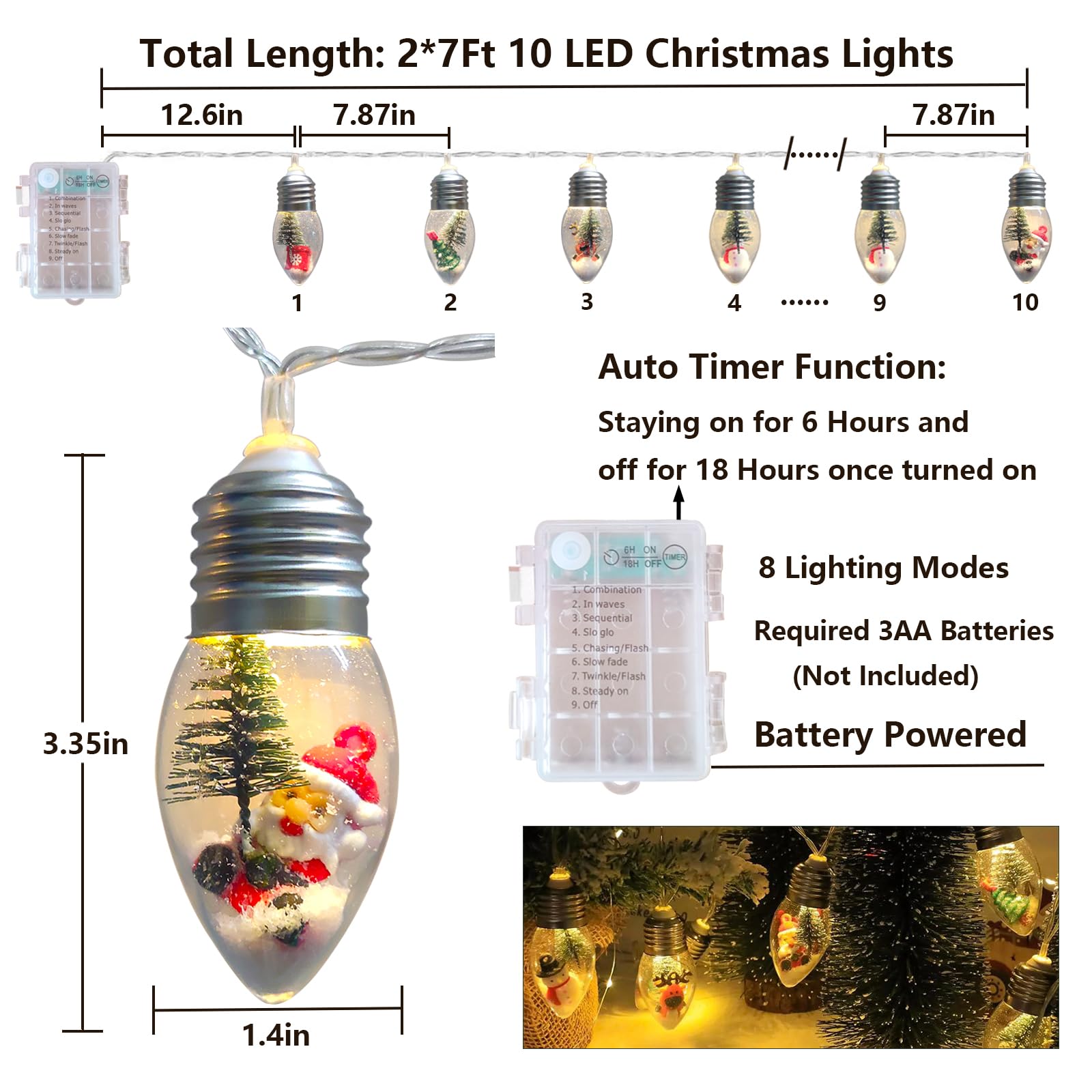 Luci natalizie vintage a batteria, 2 pezzi, 2 pezzi, globo di neve con timer, 10 lampadine a LED con albero e graziosi ornamenti per interni, camera da letto, albero, caminetto, giardino, feste