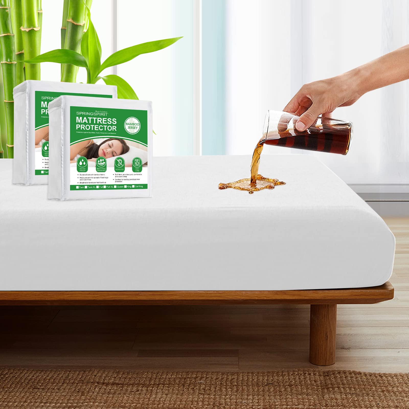 SPRINGSPIRIT2 Pack Twin Mattress Protector Waterproof, Cooling Viscose Made from Bamboo Twin Mattress Pad Cover Fitted up to 14'' Depth Pocket