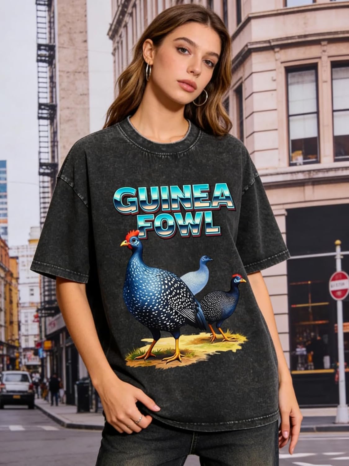 Men's Women's Guinea Fowl Lover T-Shirt, Distressed Washed Farm Bird Graphic Oversized Top - Image 2