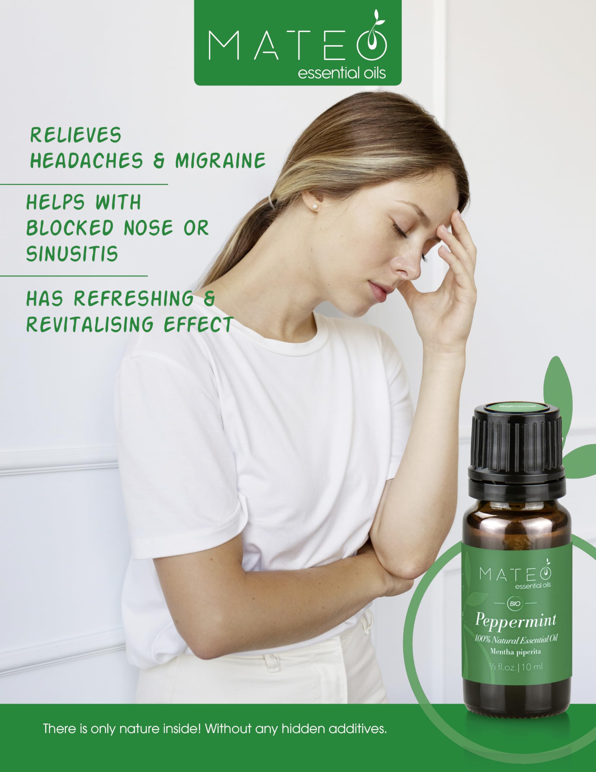 MateoEssentialOils – Olio Essenziale di Menta Piperita 100% Puro & Naturale – Qualità terapeutica – Ideale per Aromaterapia, Diffusori, Massaggi e Cura del Corpo – Effetto Rinfrescante – 10 ml.