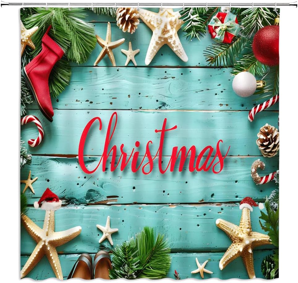 Christmas Shower Curtain Tropical Starfish with Xmas Hat Pine Branch Red Ball Candy Rustic Wooden Board Marine Animal Winter Holiday Fabric Bathroom Decor Curtains with Hooks,82 x 70