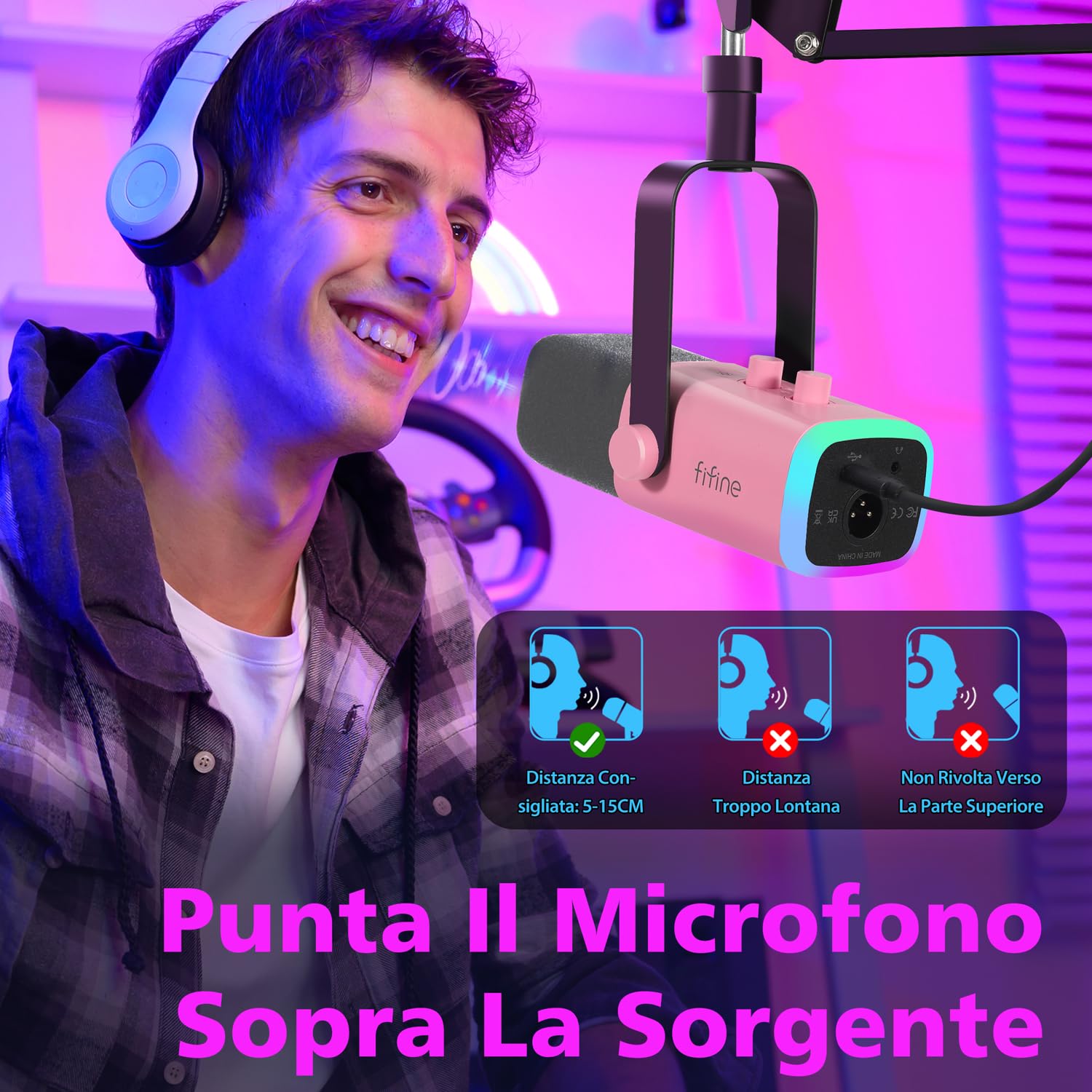 FIFINE XLR Streaming Microfono Kit Dinamico per Podcasting, Gaming USB per PC Mac PS4/5, Cardioide per registrazione vocale, giochi – Rosa