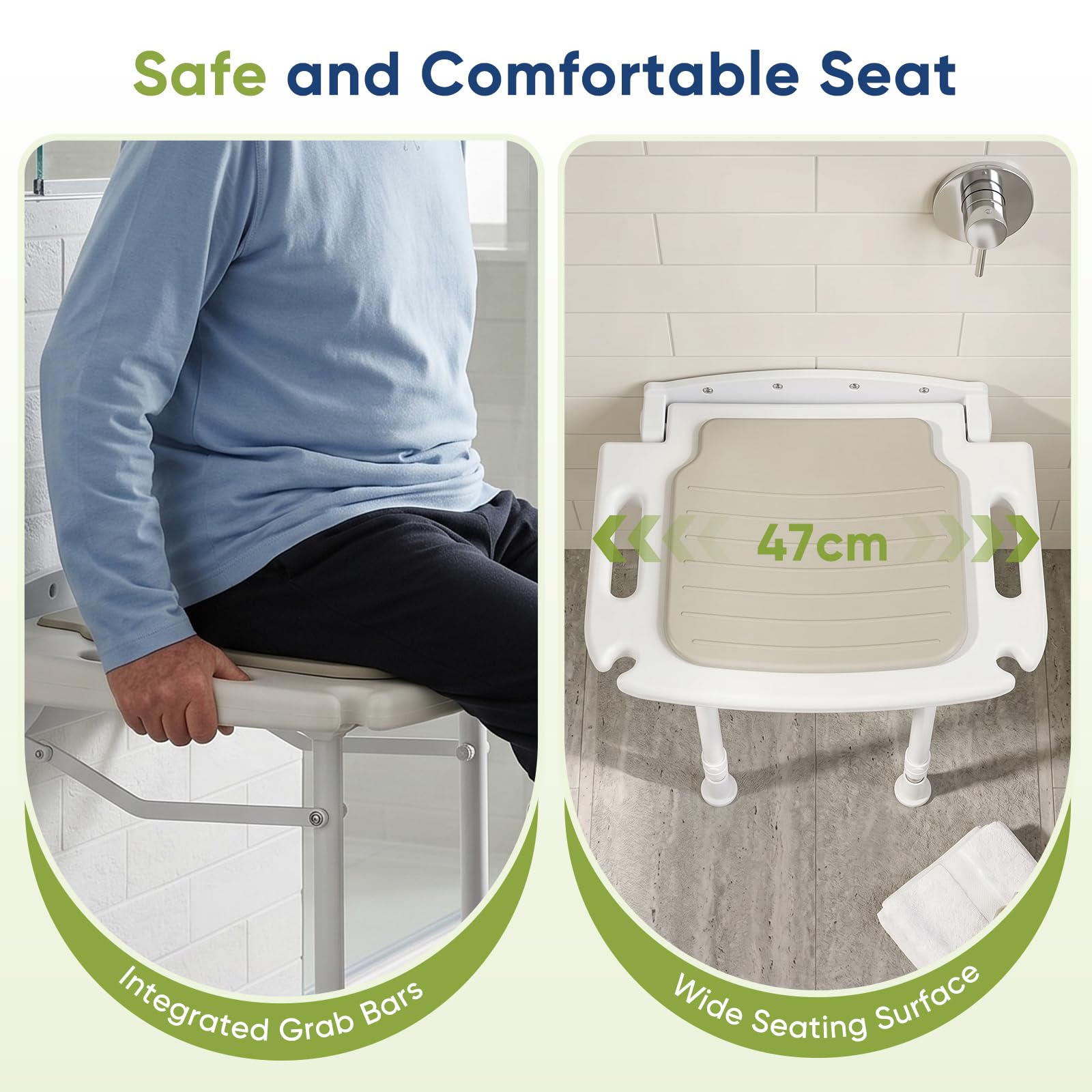 Asiento de ducha plegable montado en la pared, capacidad de 150 kg, 8 ajustes de altura preestablecidos, mango integrado oculto, soportes de ducha dobles integrados, banco de baño resistente