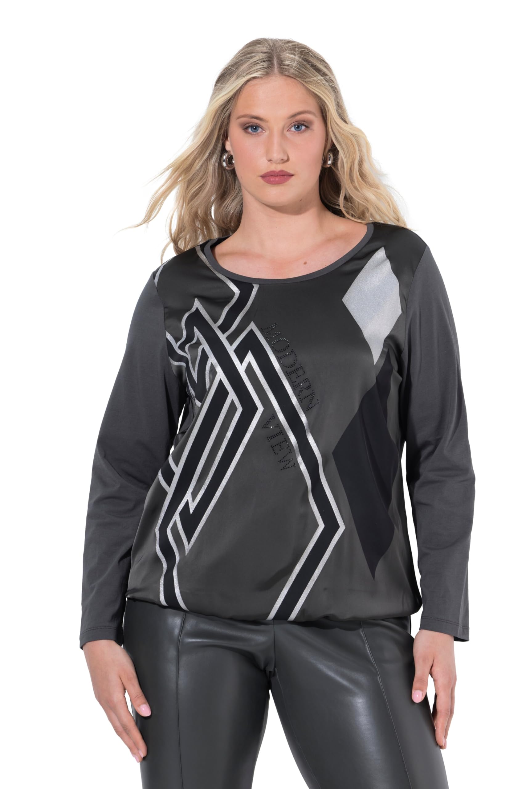 Ulla Popken Damen große Größen Übergrößen Plus Size Shirt, Rhomben, Rundhals, Langarm, Gummisaum 843222
