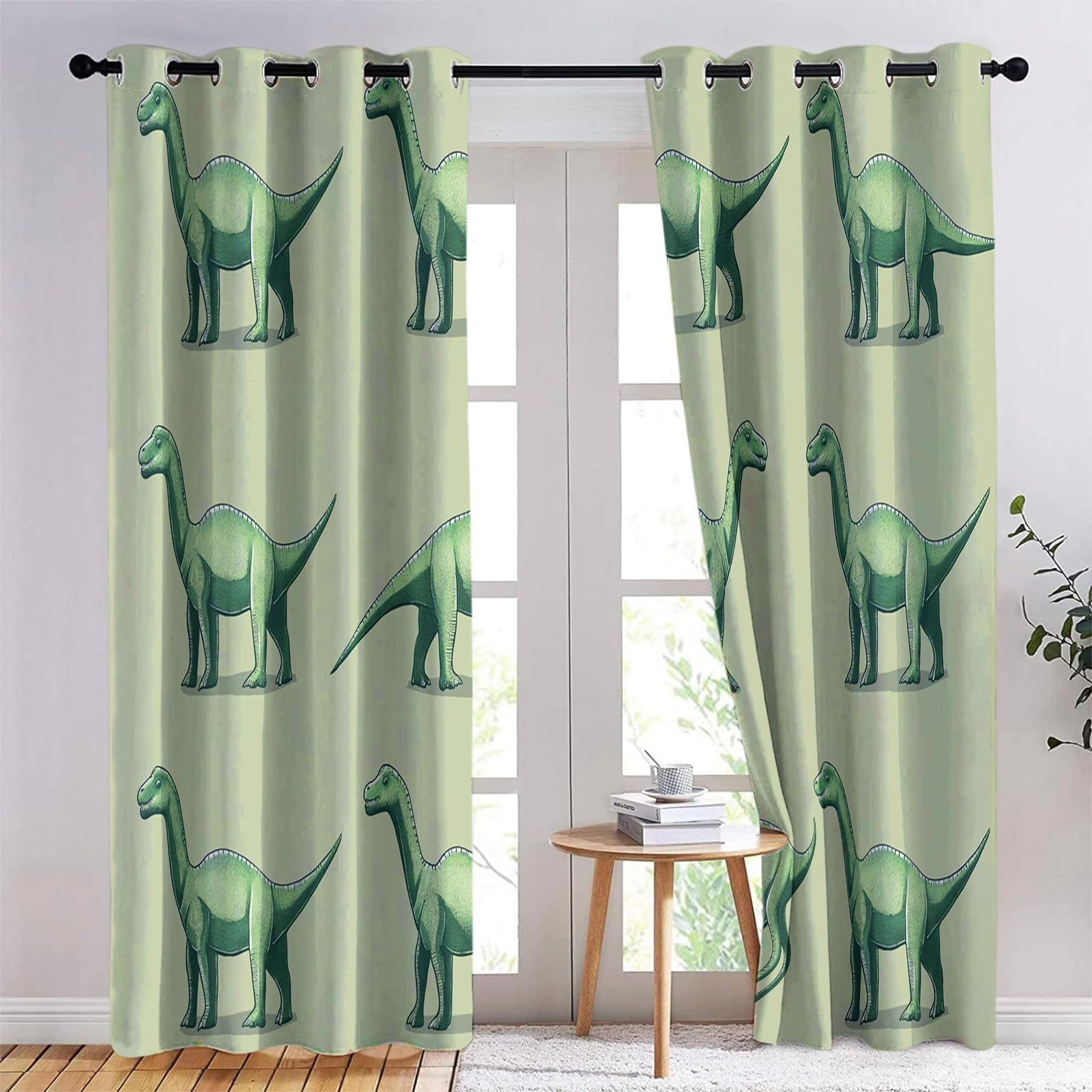 Dziecięca zasłona zaciemniająca z motywem dinozaurów z kreskówki, proste 110 x 215 cm, zestaw 2 zasłon z nadrukiem, do salonu, sypialni, kuchni, dekoracji, zasłon i zasłon wewnętrznych, zielona