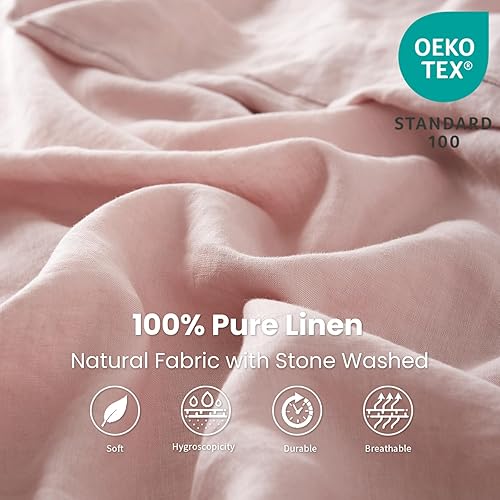 Miniatura 2 de King Linens Sábana bajera de 100 % lino lavado a la piedra, color sólido  (1 pieza) funda de colchón de 14 pulgadas de profundidad suave, natural y