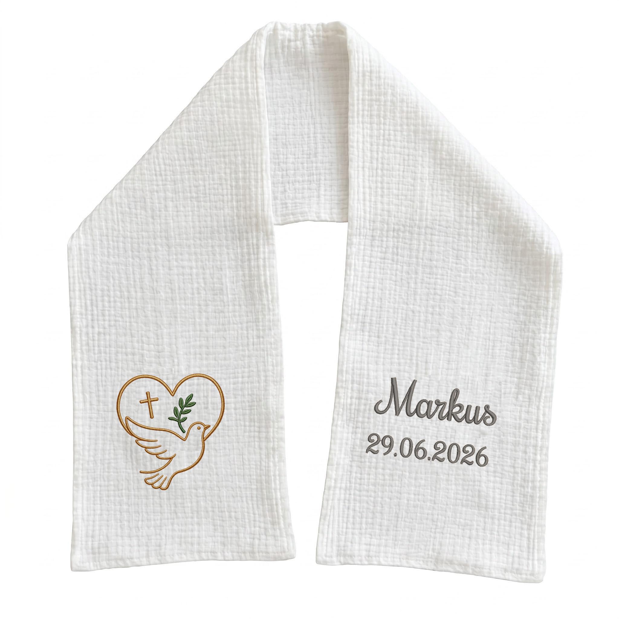 XIAOMA Écharpe de Baptême Personnalisée Bébé avec Broderie Prénom et Date – Étole Baptême en Double Gaze de Coton – Cadeau Baptême Garçon Fille avec Coffret Cadeau – Fabrication sous 48h